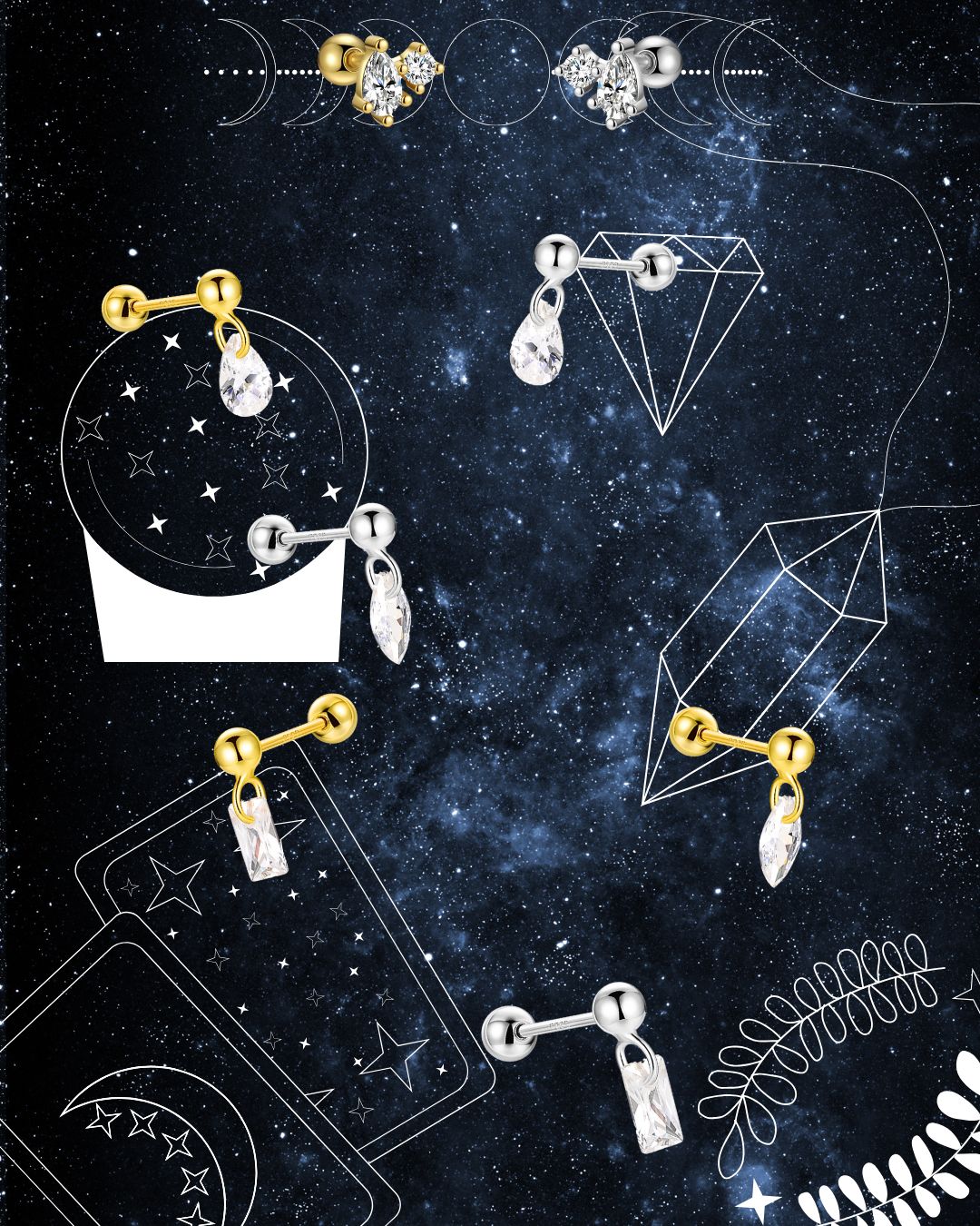 "Starlight Dew" Baguette Shape Stone Silver Dangling Drop Piercing Earring With Ball Back