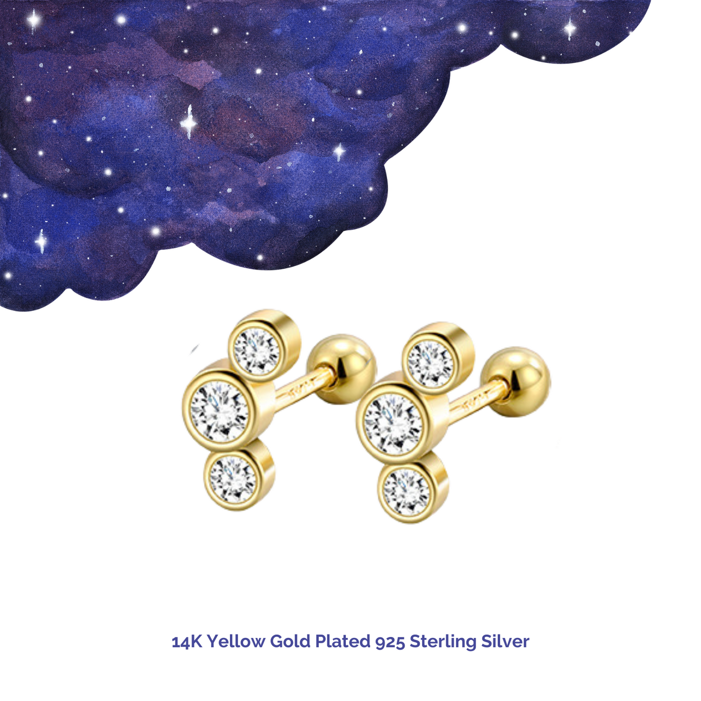 "Triple Lights" 14K Yellow Plated Bezel Set CZ Ball Back Nap Earring