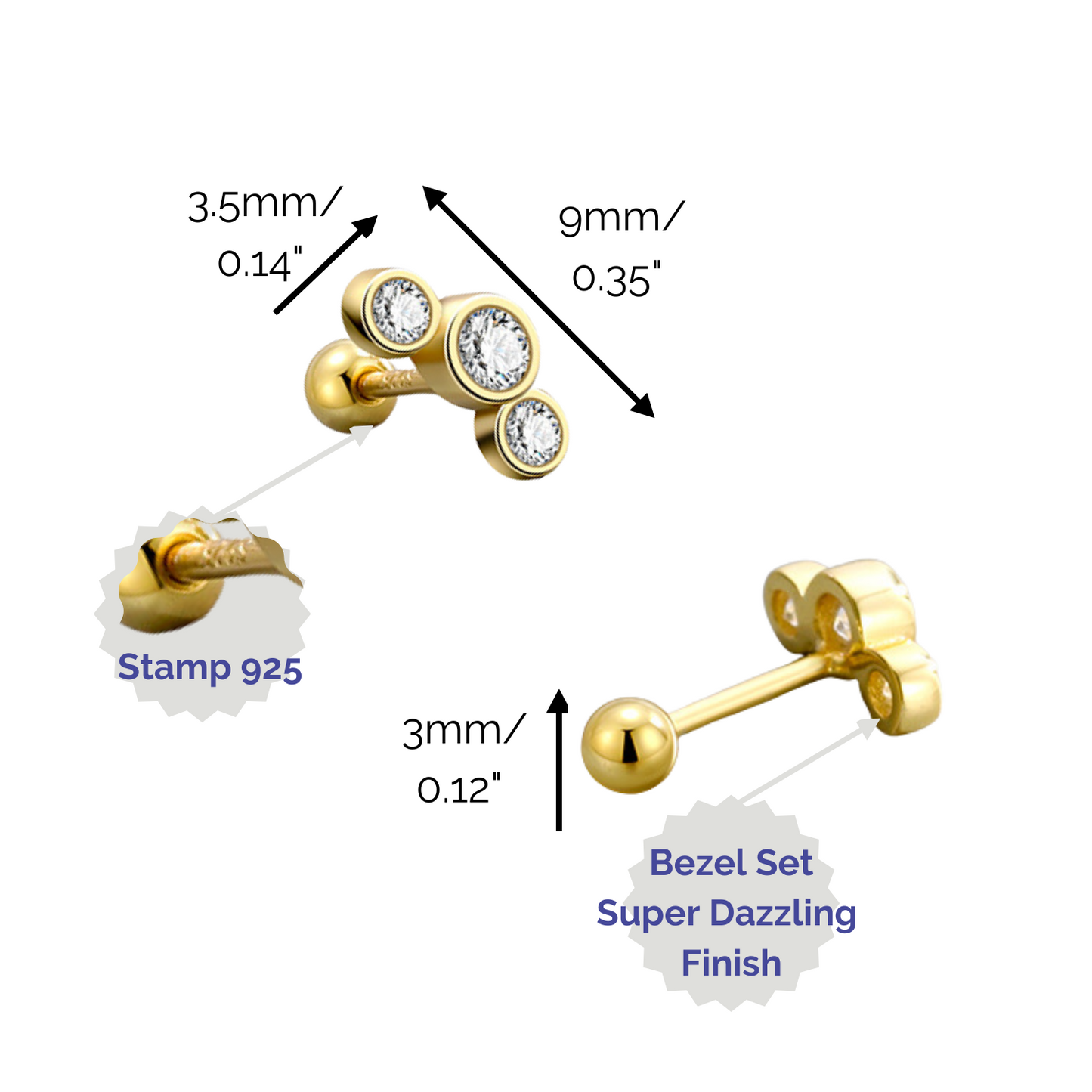 "Triple Lights" 14K Yellow Plated Bezel Set CZ Ball Back Nap Earring