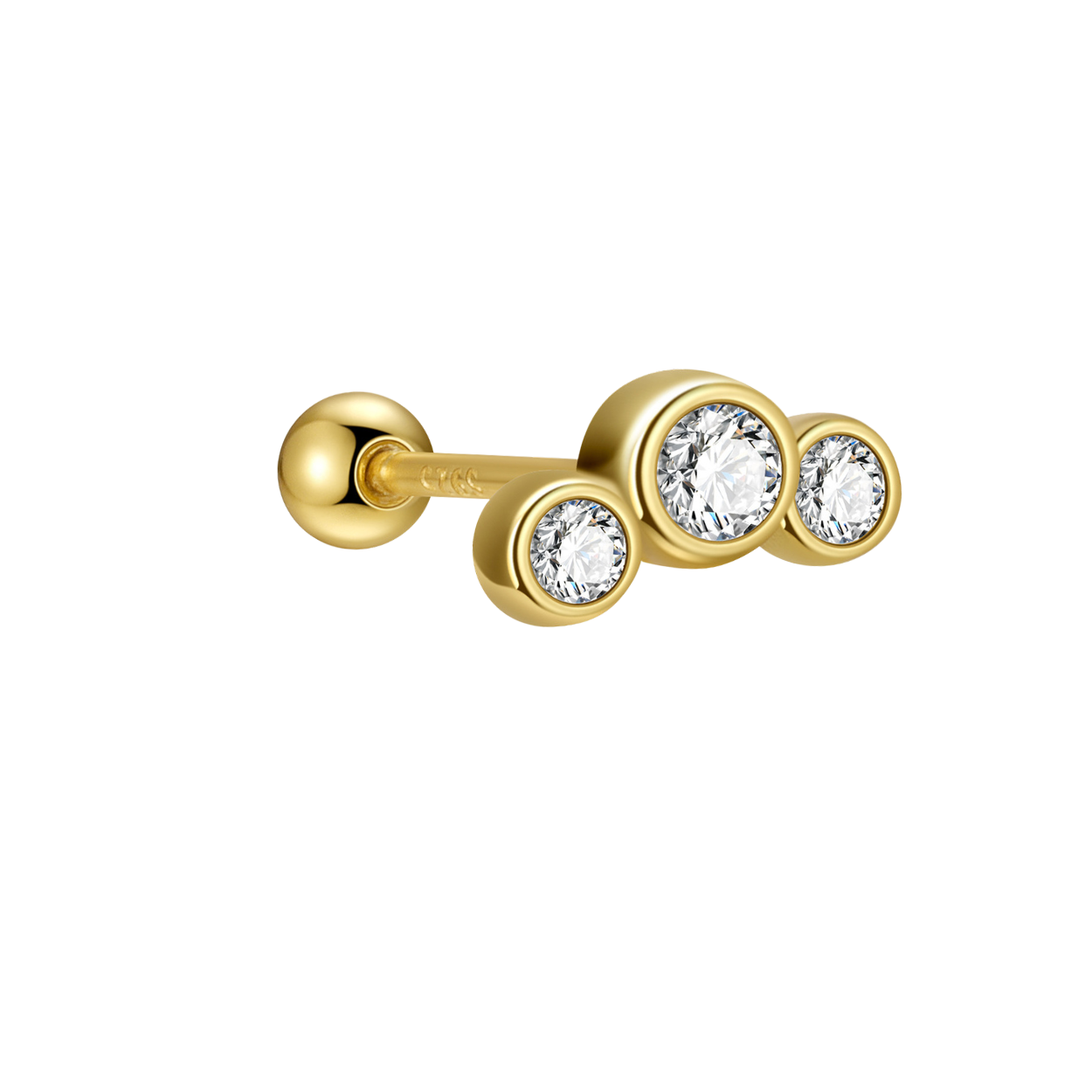 "Triple Lights" 14K Yellow Plated Bezel Set CZ Ball Back Nap Earring