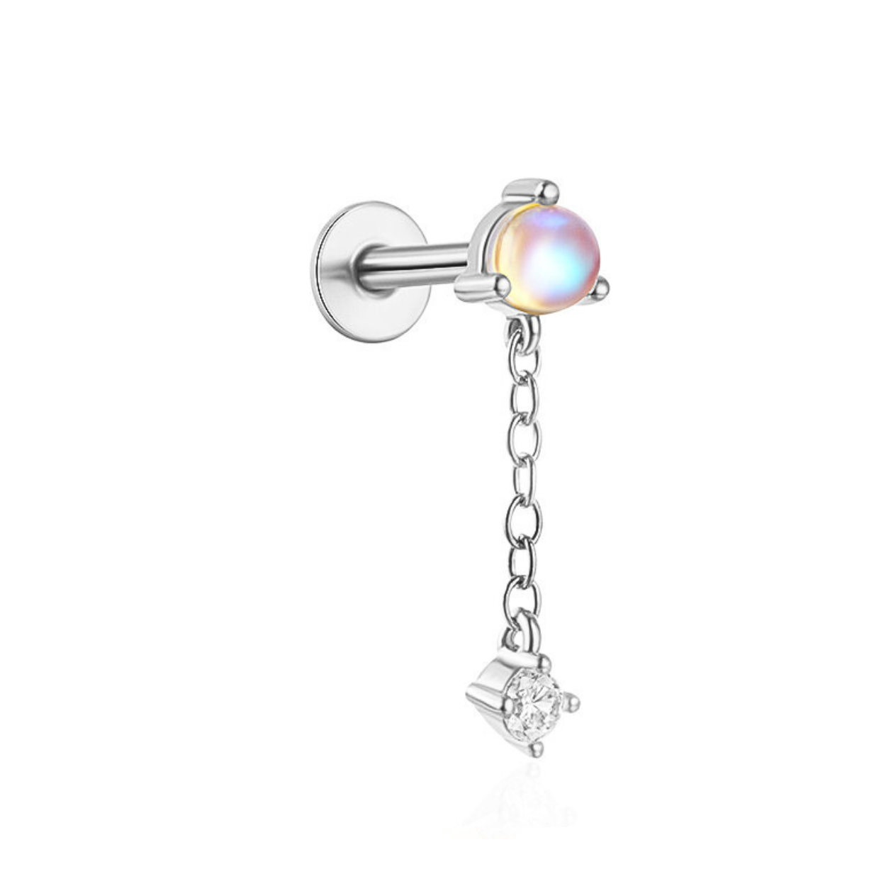 "Moonlight Muse" White Moonstone Dangling Drop Piercing Earring Silver Nap Cartilage Earring with Flatback