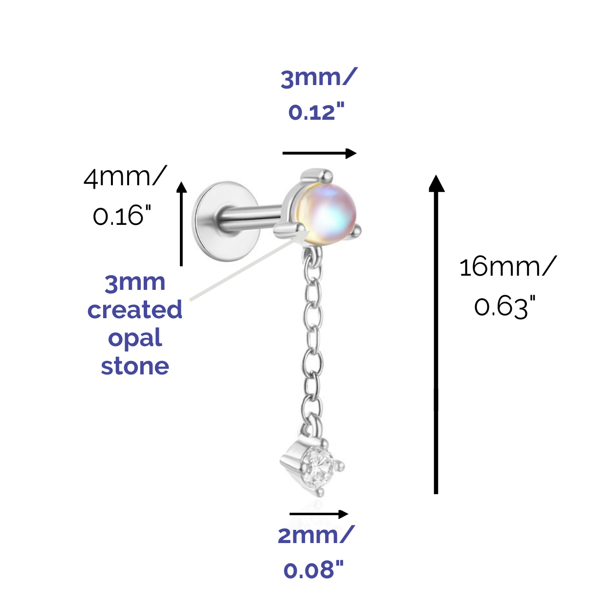 "Moonlight Muse" White Moonstone Dangling Drop Piercing Earring Silver Nap Cartilage Earring with Flatback
