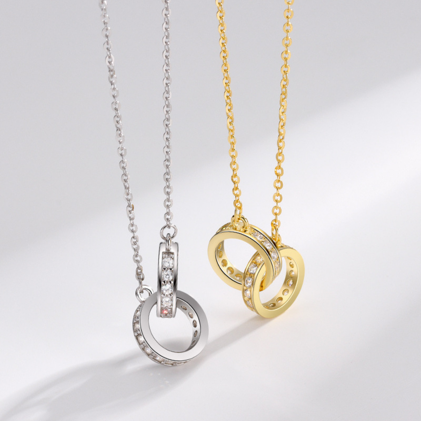 "ONE PROMISE" 14K White Gold Plated 925 Sterling Silver Interlocking Circle Pendant Necklace Minimalist Friendship Relationship Jewelry