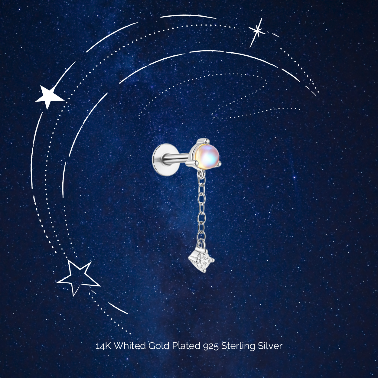 "Moonlight Muse" White Moonstone Dangling Drop Piercing Earring Silver Nap Cartilage Earring with Flatback