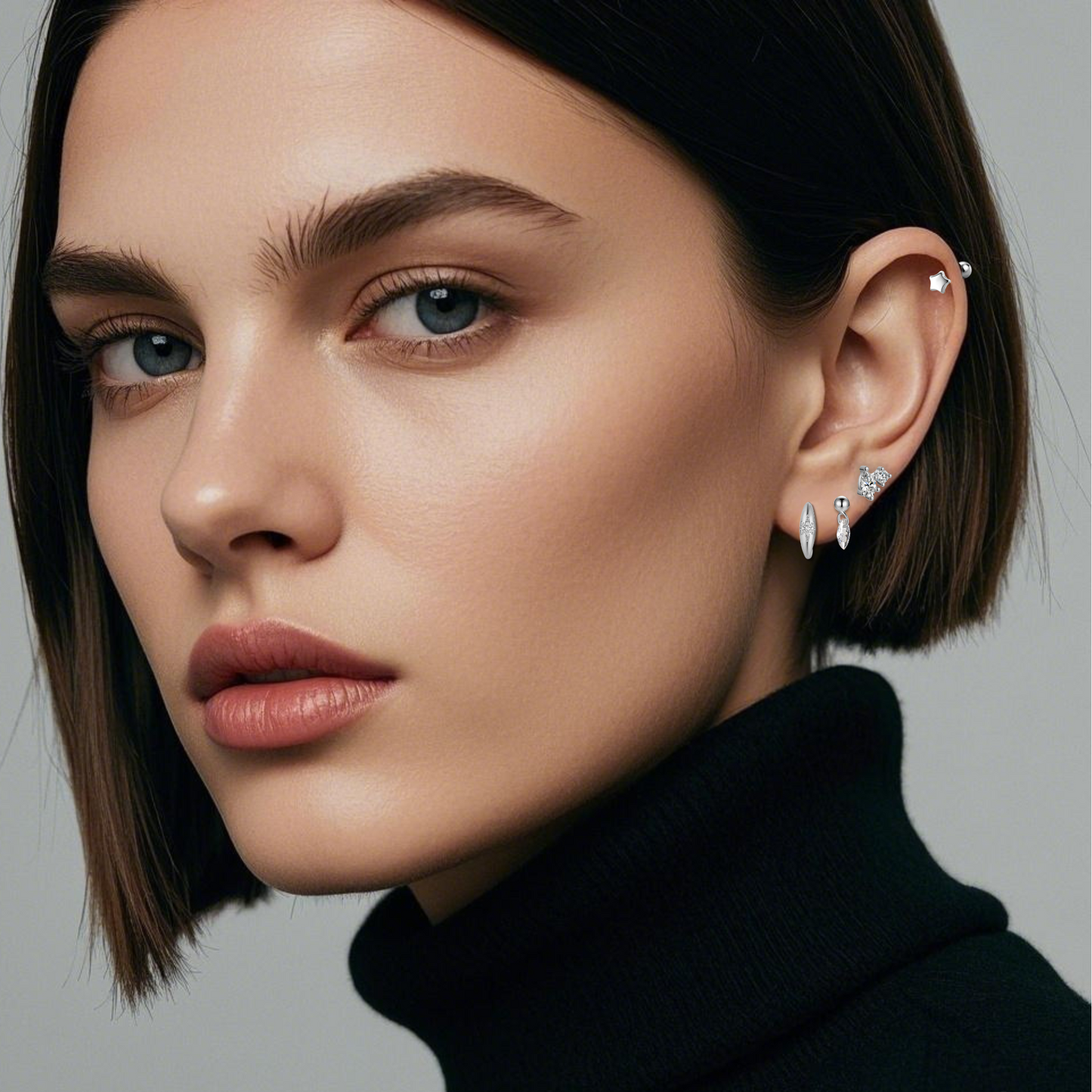 "Starlight Dew" Baguette Shape Stone Silver Dangling Drop Piercing Earring With Ball Back