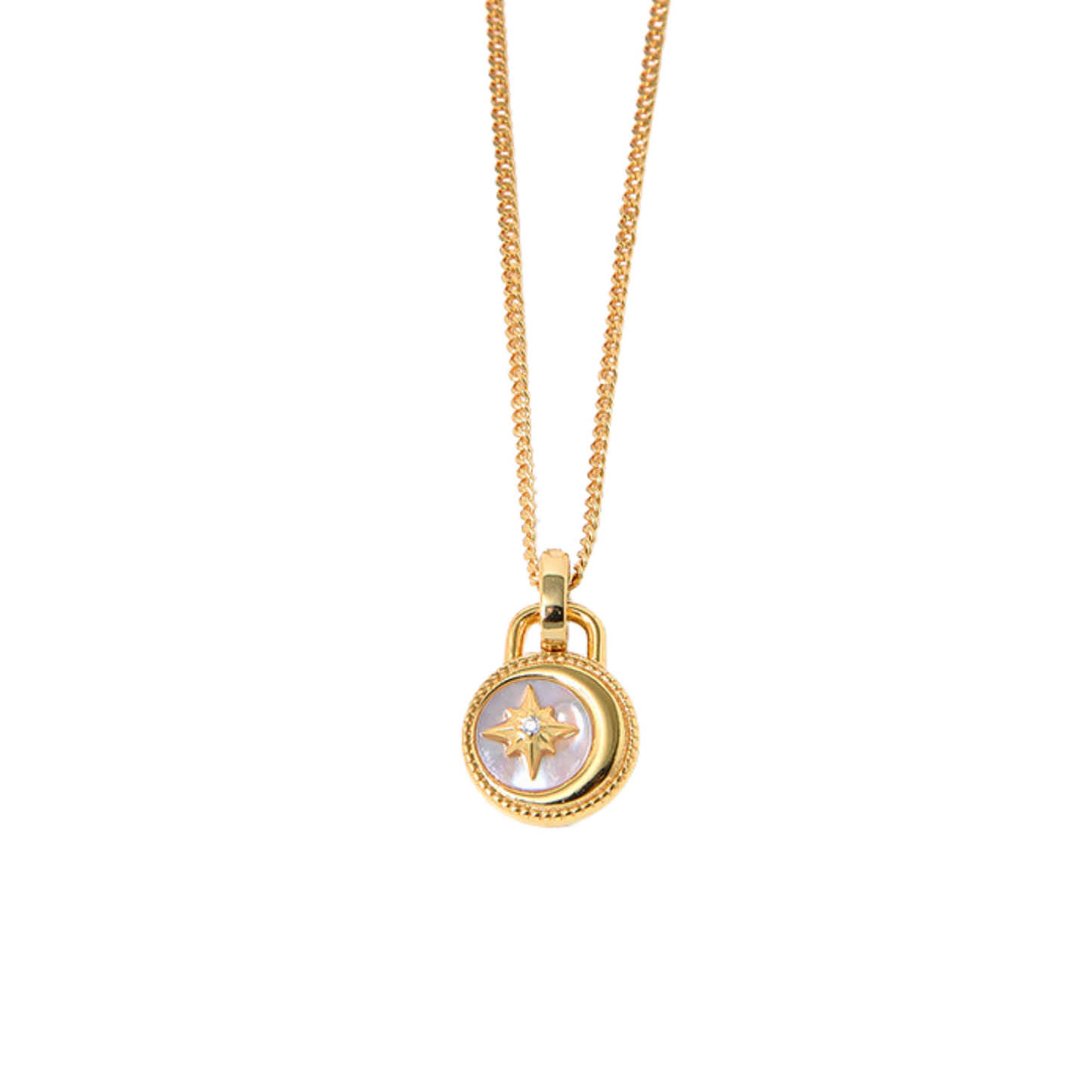 "Celestial Dream" Gold Vermeil Moon and North Star Mini Medallion White Pearl Coin Amulet Necklace