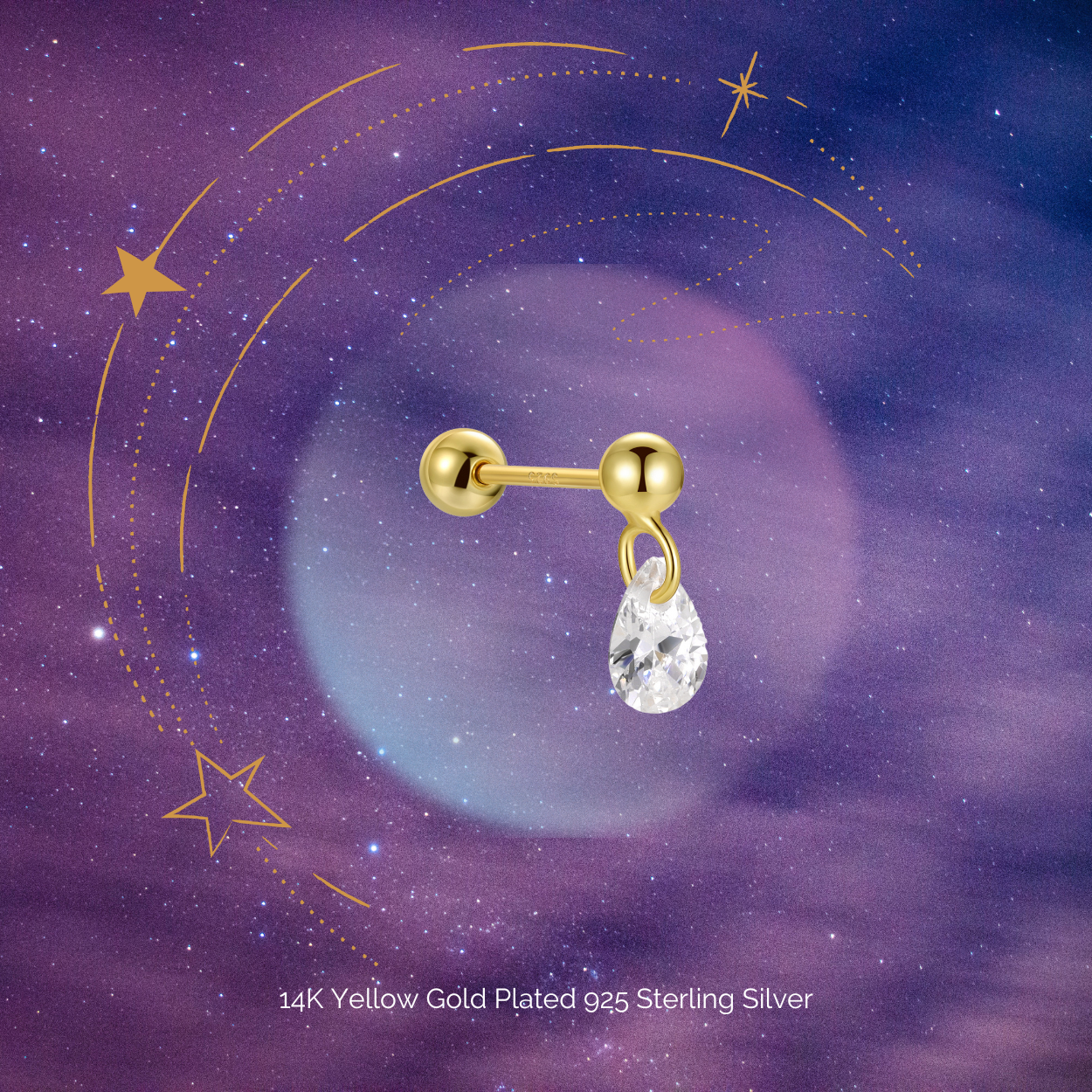 "Starlight Dew" Pear Shape Stone Yellow Dangling Drop Piercing Earring With Ball Back