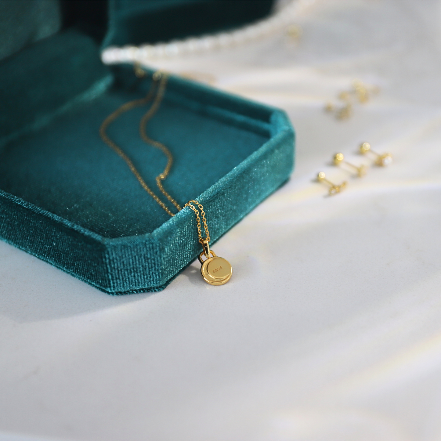 "Celestial Dream" Gold Vermeil Moon and North Star Mini Medallion White Pearl Coin Amulet Necklace