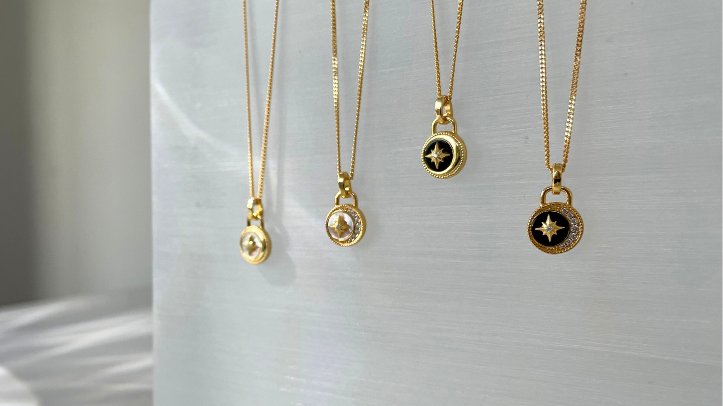 "Celestial Guardian" Moon and North Star Mini Medallion Black Onyx Coin Amulet Necklace