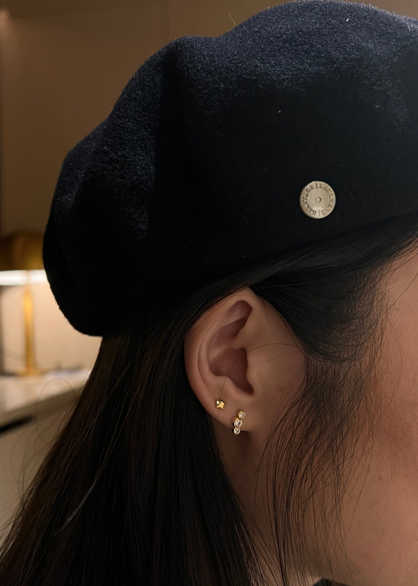 "Triple Lights" 14K Yellow Plated Bezel Set CZ Ball Back Nap Earring
