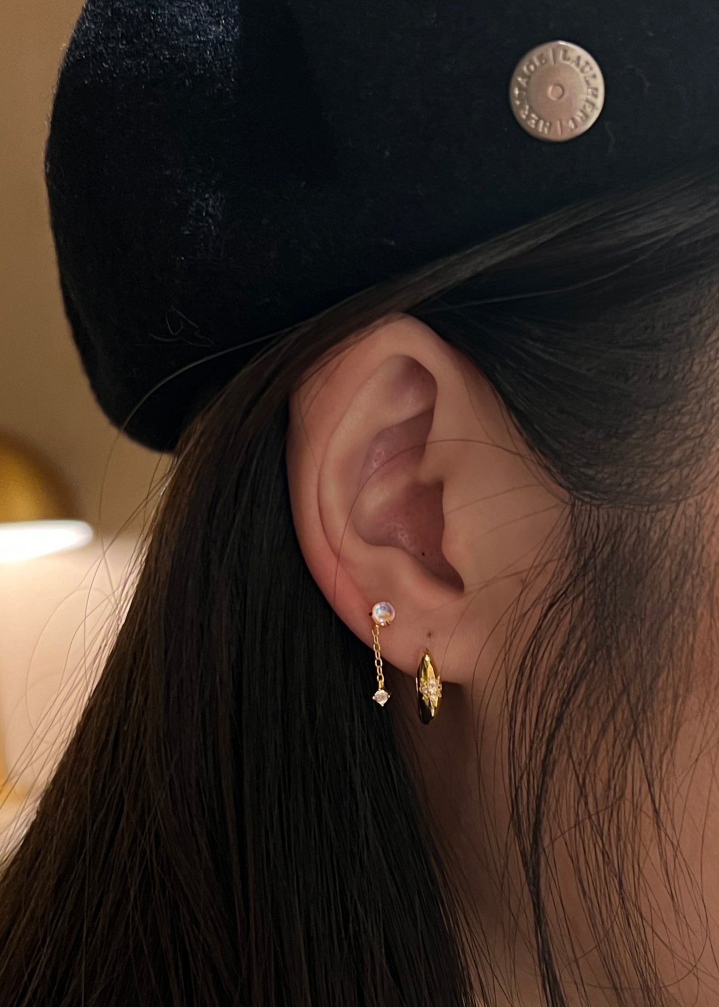 "Moonlight Muse" Pink Opal Dangling Drop Piercing Earring Yellow Nap Cartilage Earring with Flatback