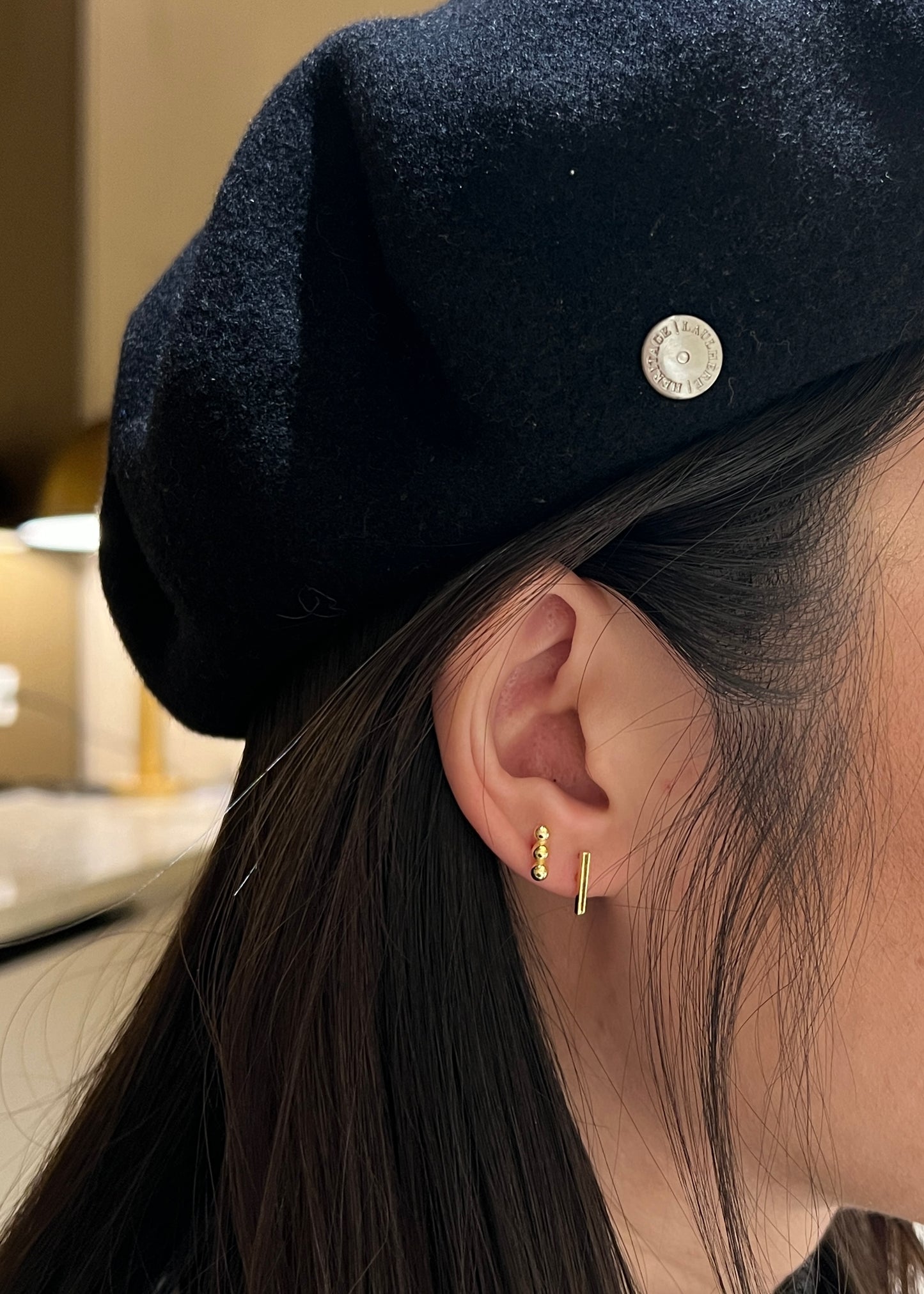 "Triple Orb Bar" 14K Yellow Gold Plated Polished Nap Earring with Screw Back
