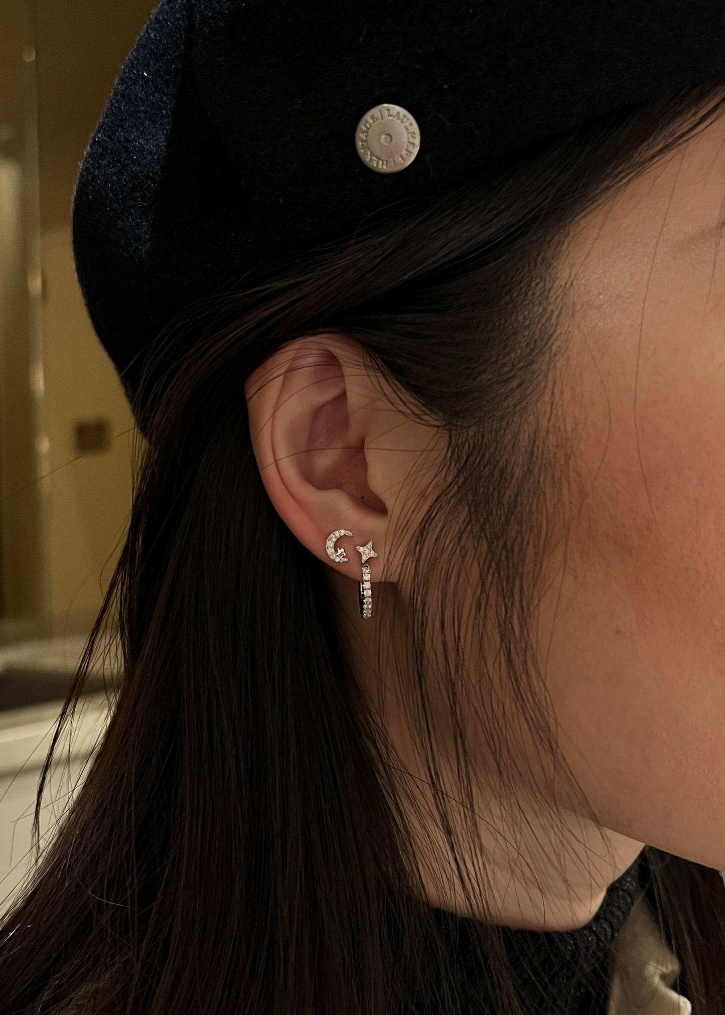 "Moon and Star" 14K White Gold Plated Nap Earrings with CZ Stones Everyday Cartilage Helix Celestial Piercing Earrings