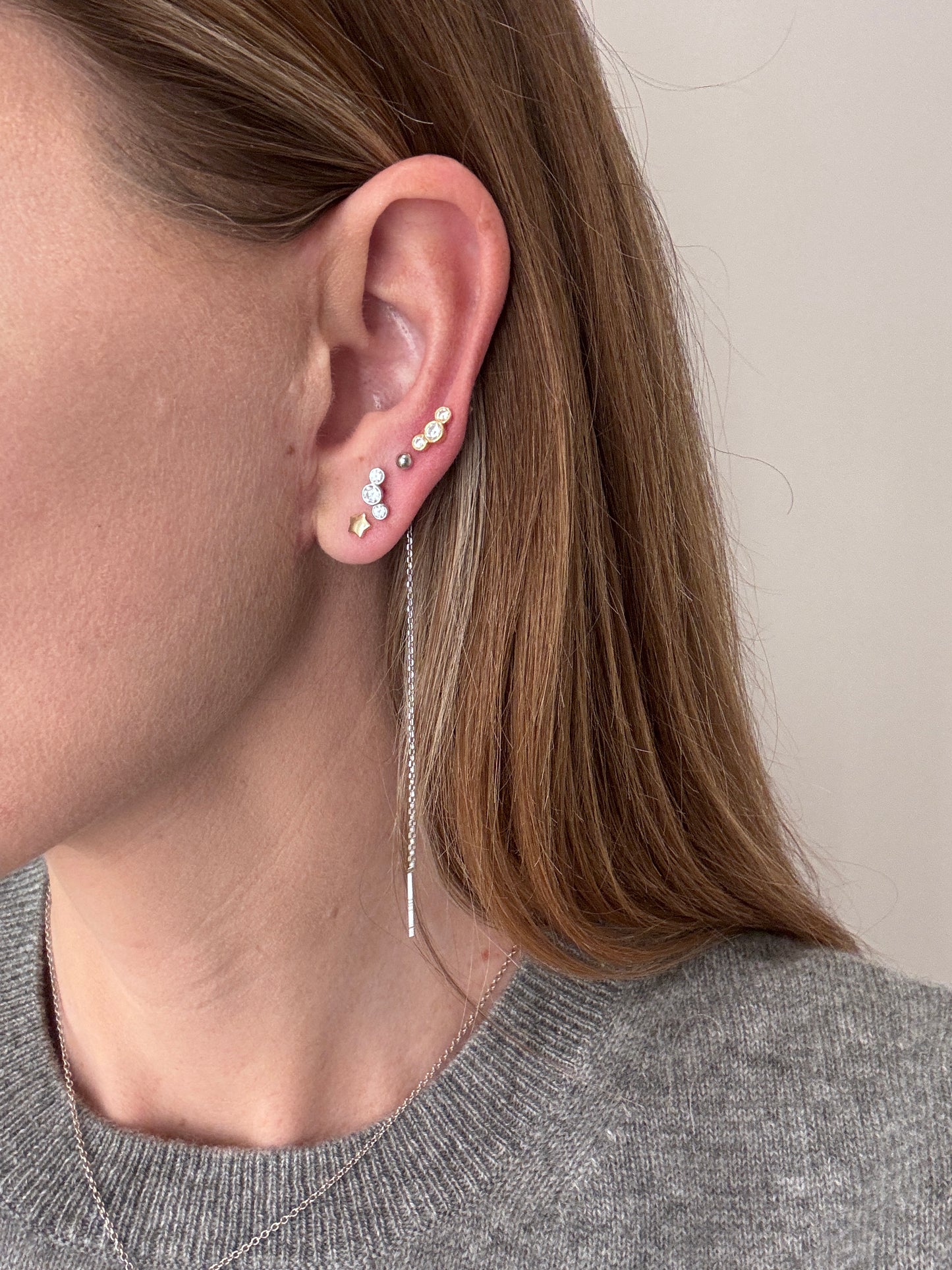 "Triple Lights" 14K Yellow Plated Bezel Set CZ Ball Back Nap Earring