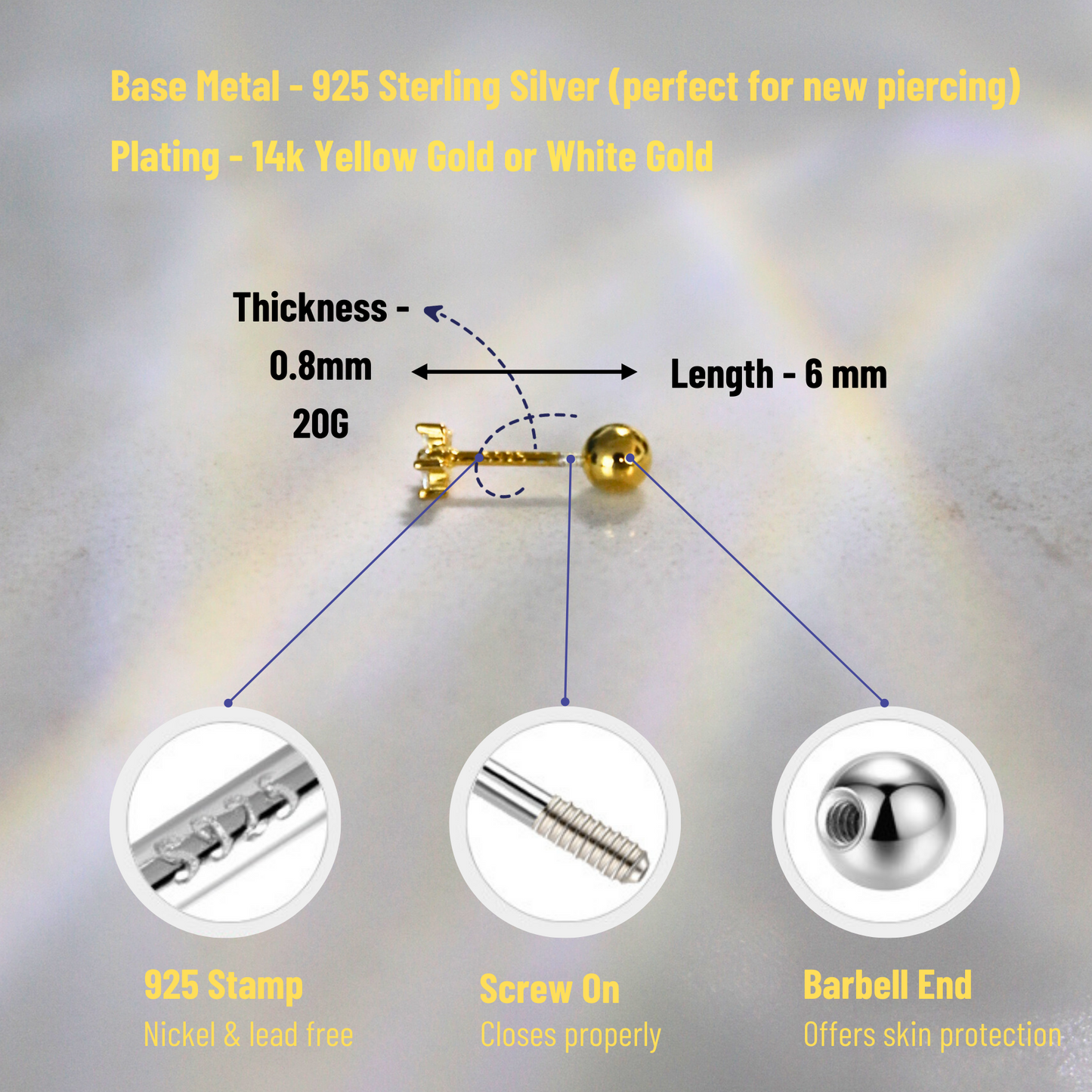 "Sleek Bar" 14K White Gold Plated Polished Nap Piercing Jewelry with Screw Back