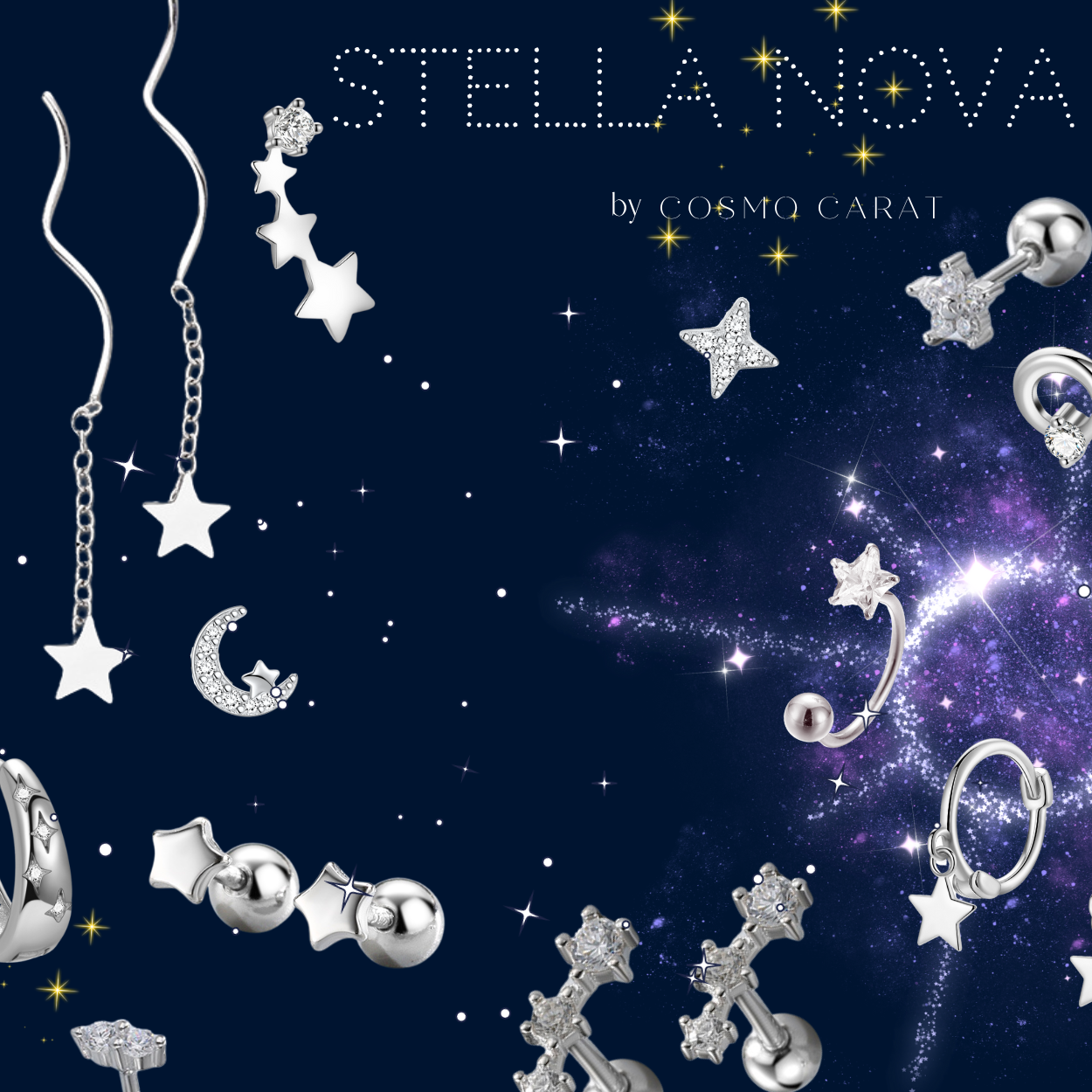 "Constellation Stars" 14K White Plated Mini Nap Cartilage Piercing Earring with Screw Back