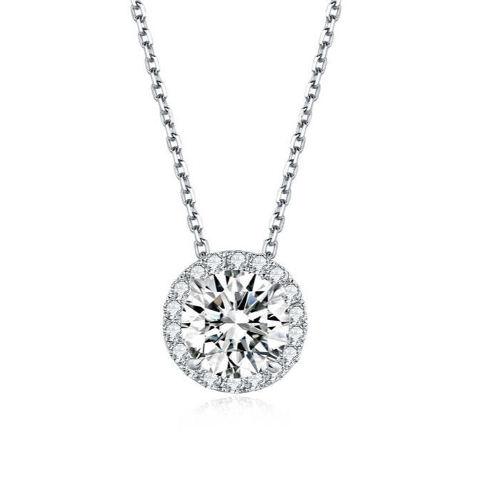 "Starlit Halo" 18K White Gold Halo Set 1 CT Round Diamond Pendant Necklace