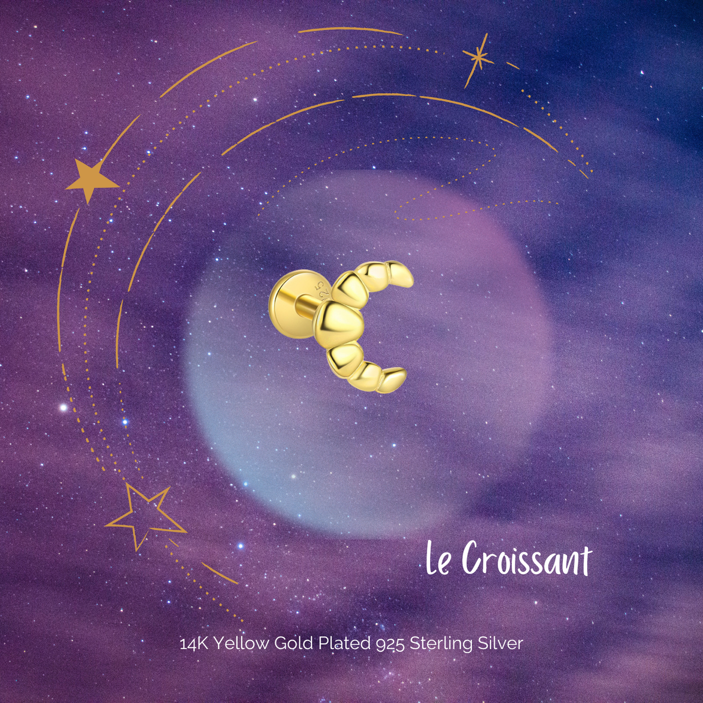 "Le Croissant" 14K Yellow Plated Cartilage Piercing Flatback Nap Earring