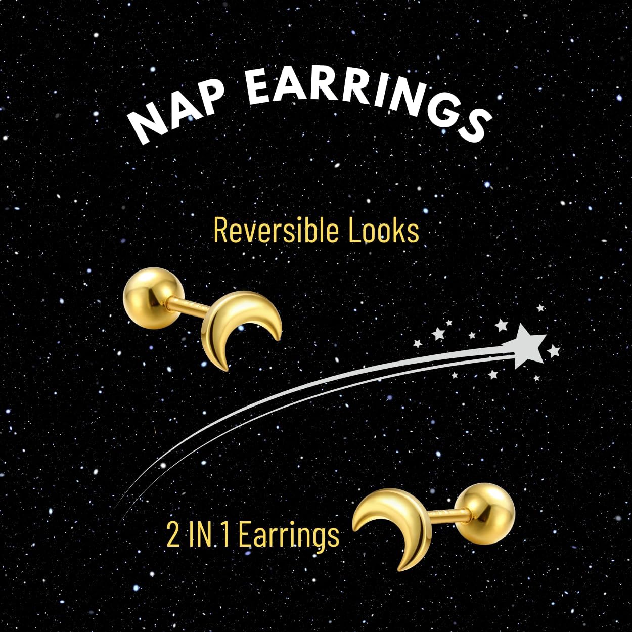 "Crescent Moon" 14K Yellow Plated Sterling Silver Nap Earring with Ball Back