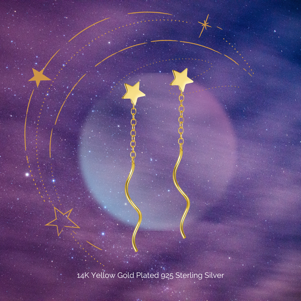 "Mini Shooting Star" 14K Yellow Plated Dangling Mini Star Threader Earrings
