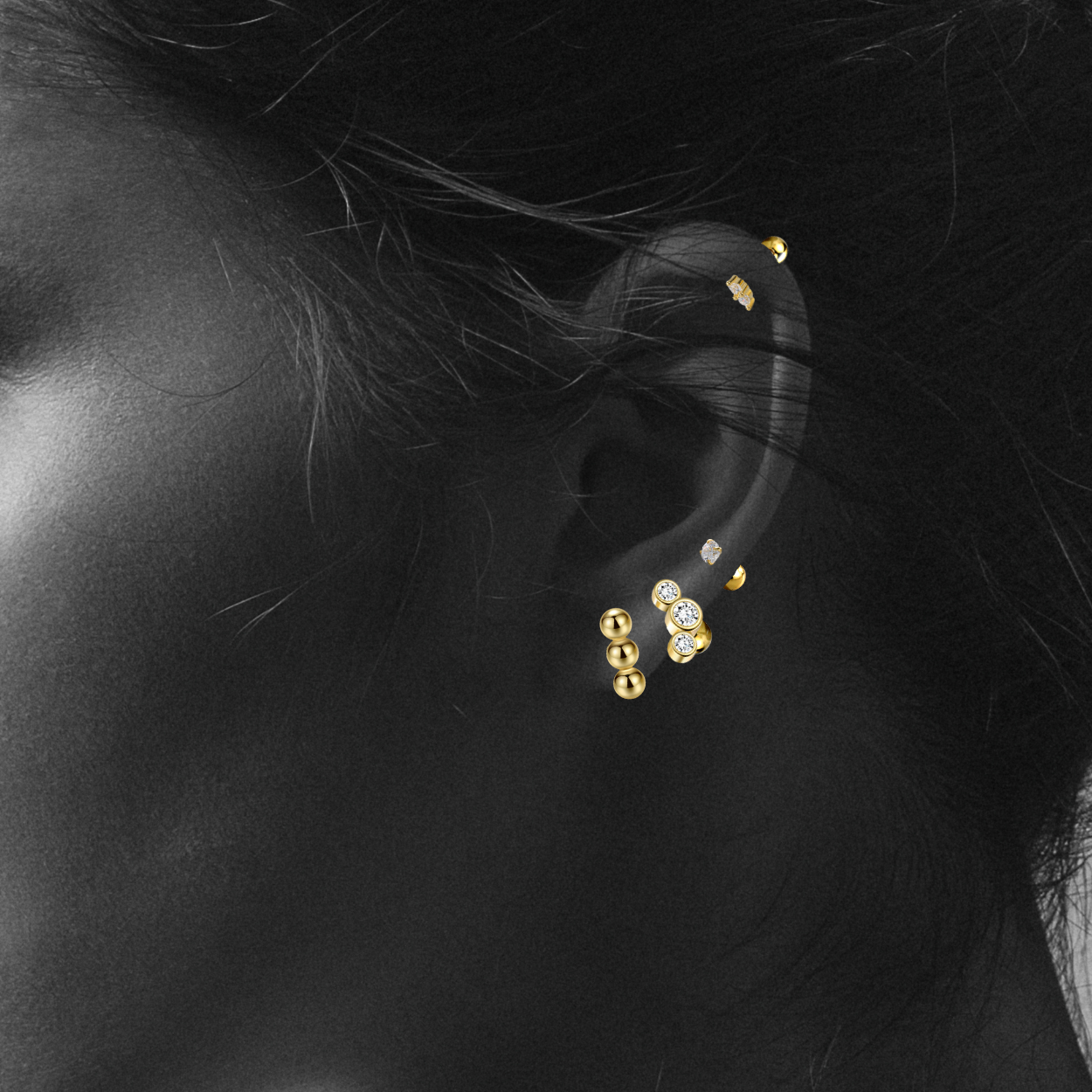 "Triple Orb Bar" 14K Yellow Gold Plated Polished Nap Earring with Screw Back