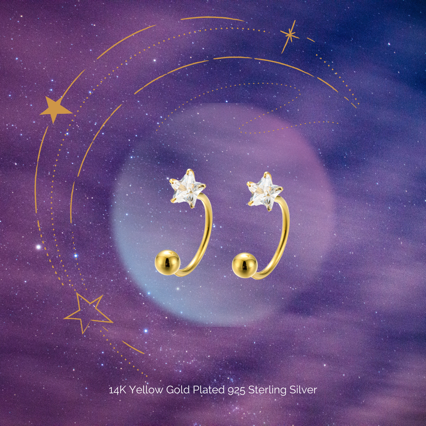 "Star Dance" 14K Yellow Plated CZ Screw Back Helix Piercing Jewelry