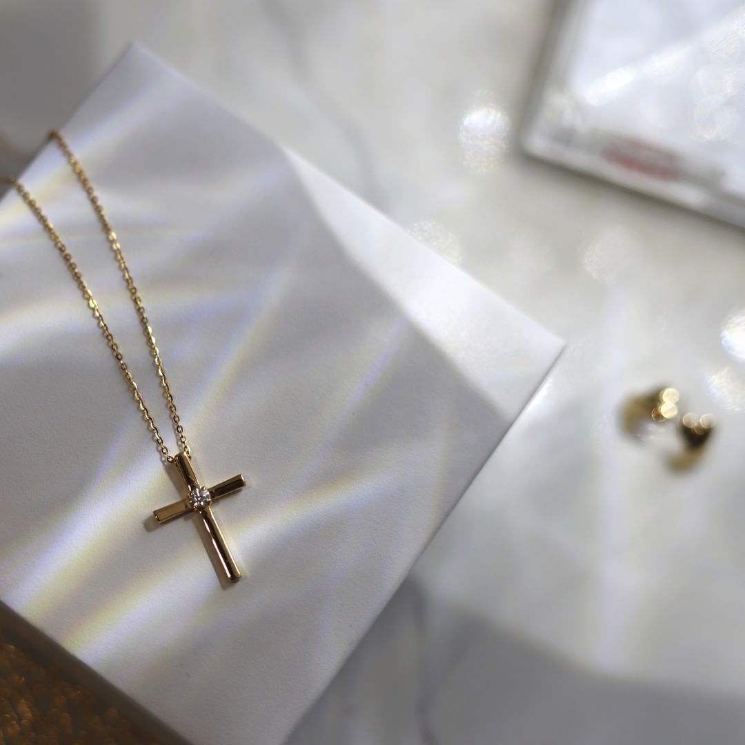 "Faith With A Sparkle" Moissanite Stone Polished Cross Pendant Necklace in 18K Yellow Gold Plated Sterling Silver