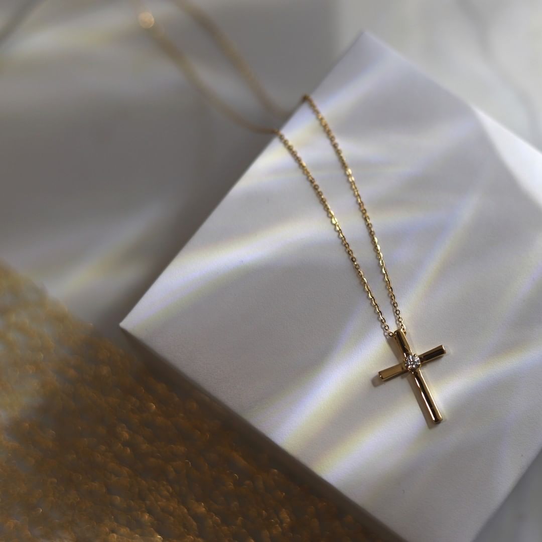 "Faith With A Sparkle" Moissanite Stone Polished Cross Pendant Necklace in 18K Yellow Gold Plated Sterling Silver
