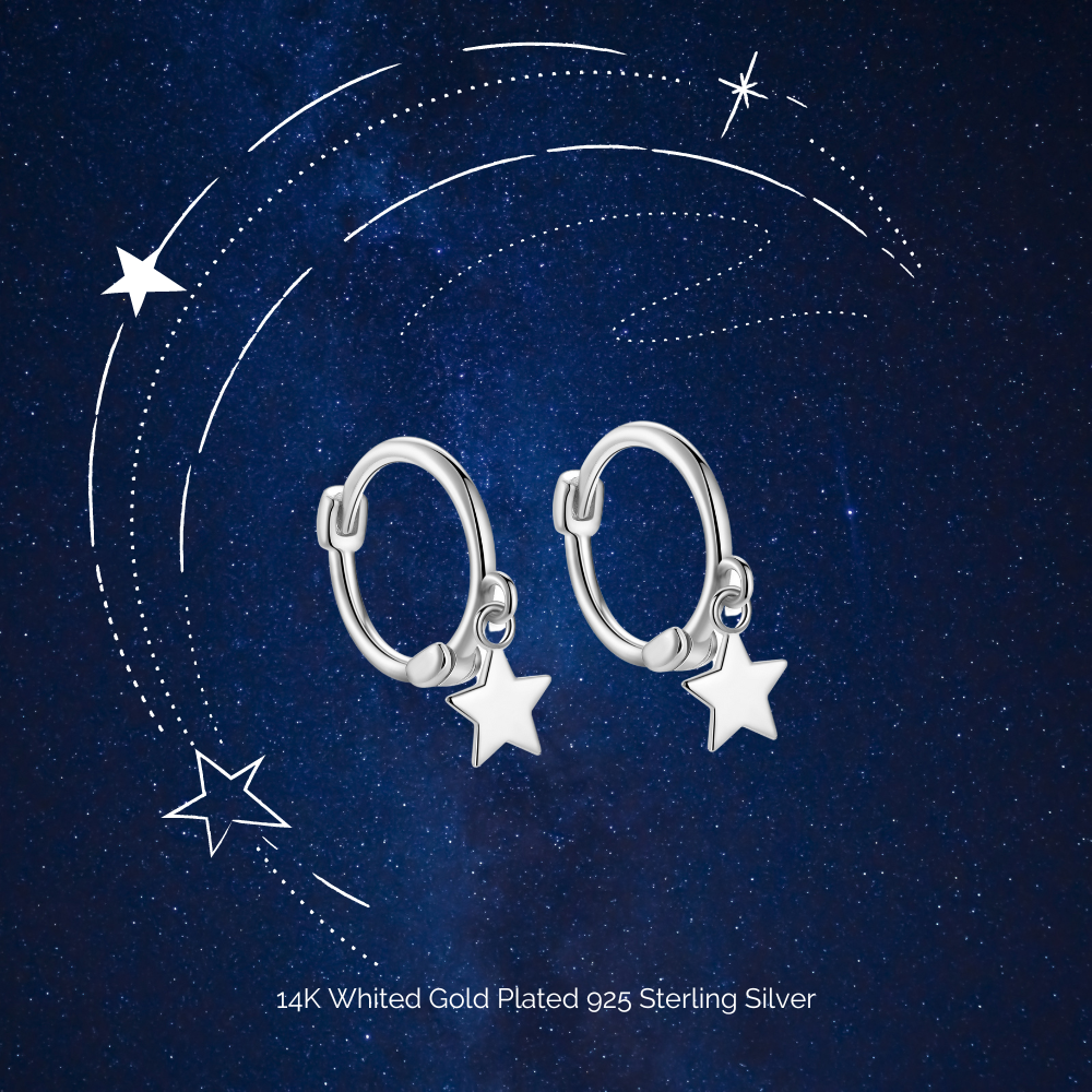 "Endless Star Hoops" 14K White Plated Dangling Mini Star Hoop Earrings