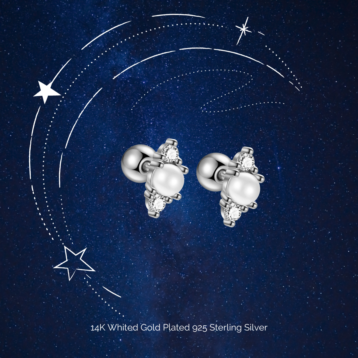 "Parisian Kiss" 14K White Gold Plated Nap Earring White Pearl and CZ Stones Screw Back Piercing Earrings