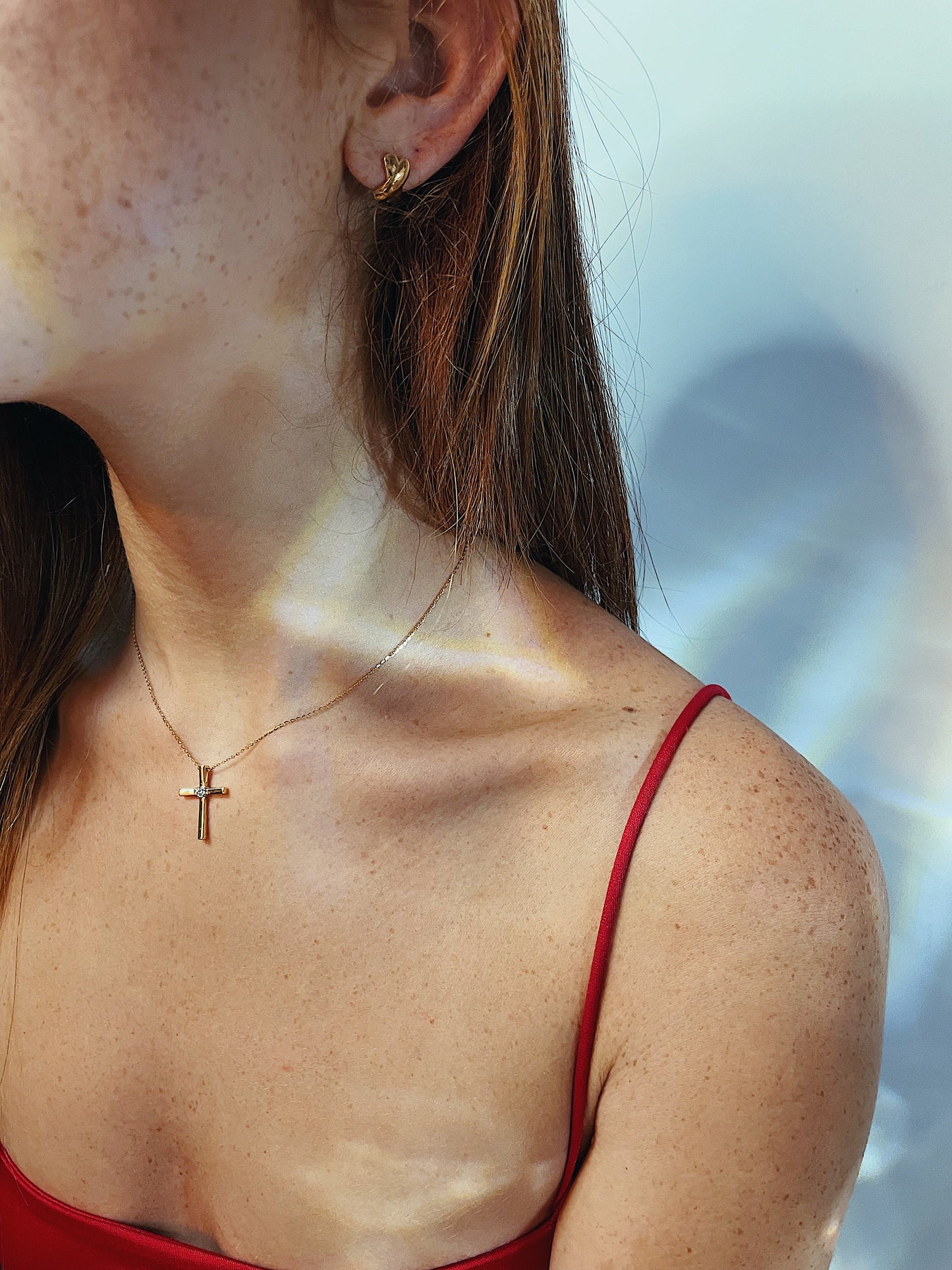 "Faith With A Sparkle" Moissanite Stone Polished Cross Pendant Necklace in 18K Yellow Gold Plated Sterling Silver