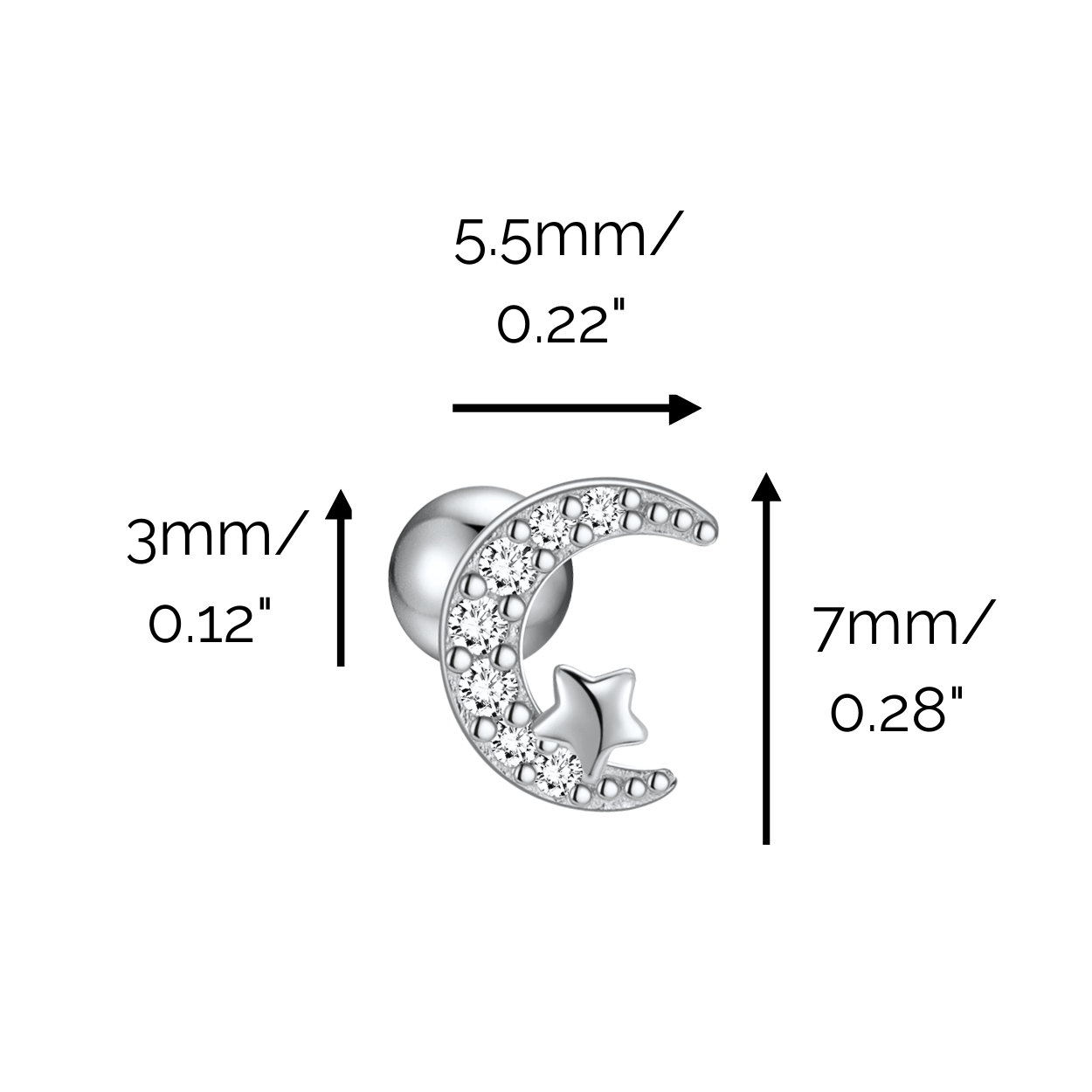 "Moon and Star" 14K White Gold Plated Nap Earrings with CZ Stones Everyday Cartilage Helix Celestial Piercing Earrings