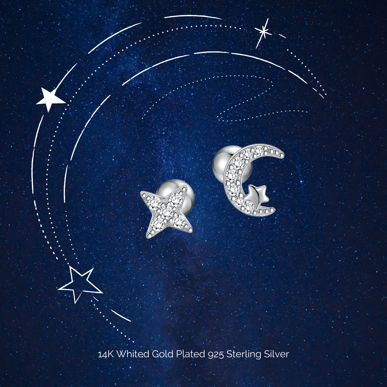 "Moon and Star" 14K White Gold Plated Nap Earrings with CZ Stones Everyday Cartilage Helix Celestial Piercing Earrings