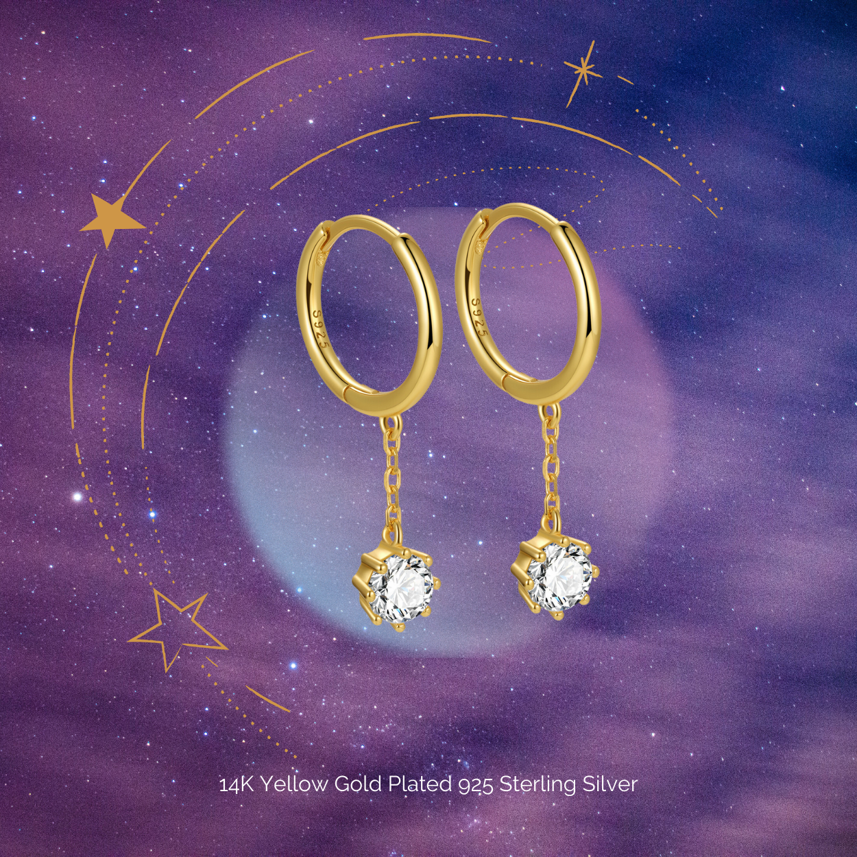 "Starlight" 14K Yellow Gold Plated Drop Huggie Hoop Earrings with CZ Stones