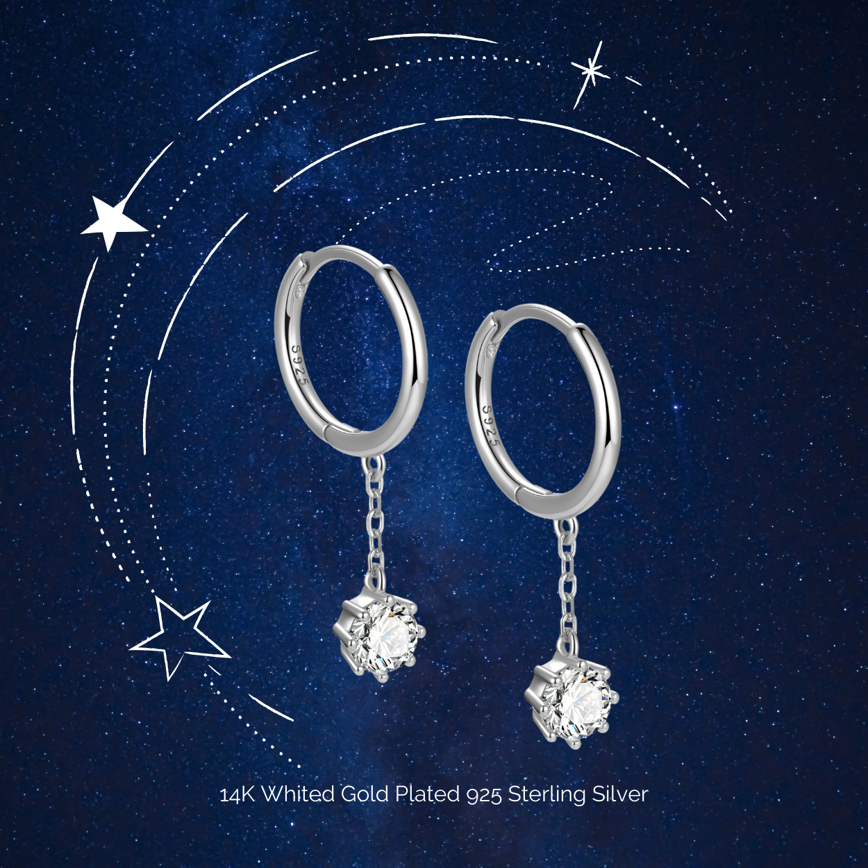 "Starlight" 14K White Gold Plated Drop Hoop Huggies Hoop with CZ Stones