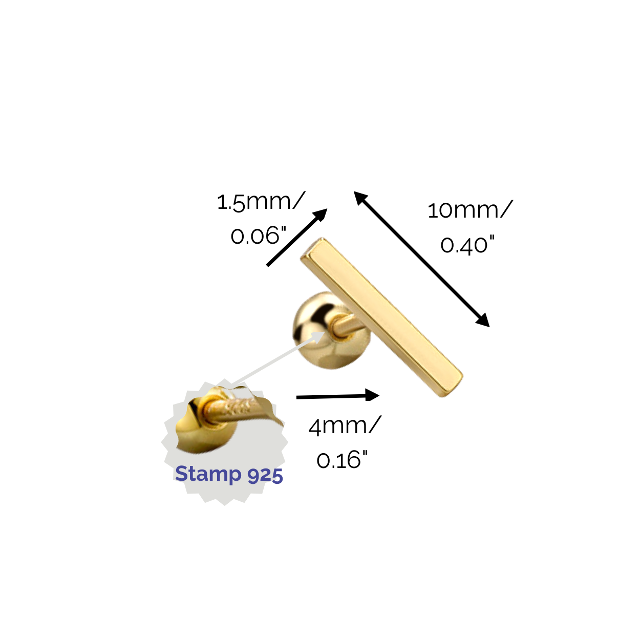 "Sleek Bar" 14K Yellow Plated Polished Nap Piercing Earring with Screw Back
