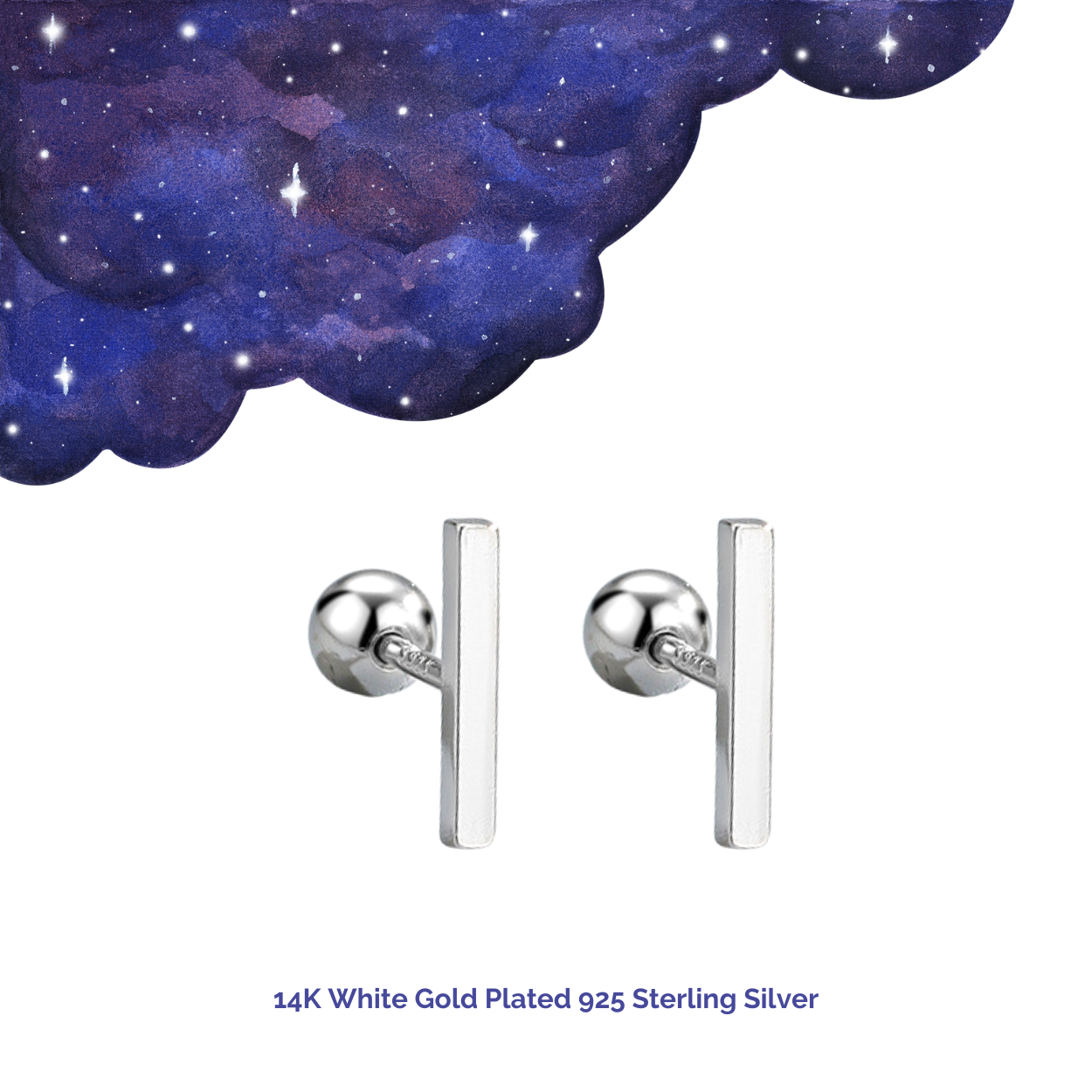 "Sleek Bar" 14K White Gold Plated Polished Nap Piercing Jewelry with Screw Back