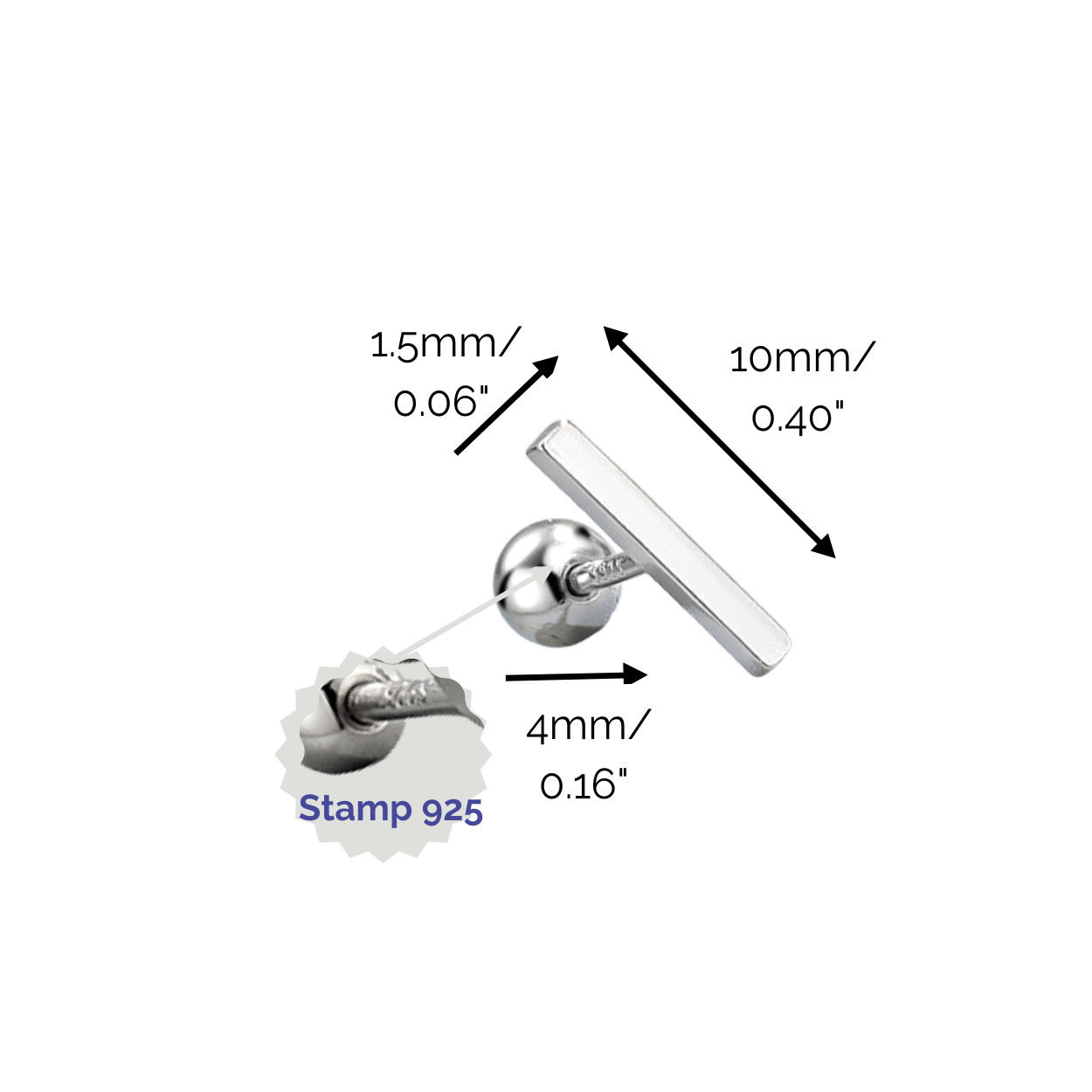 "Sleek Bar" 14K White Gold Plated Polished Nap Piercing Jewelry with Screw Back