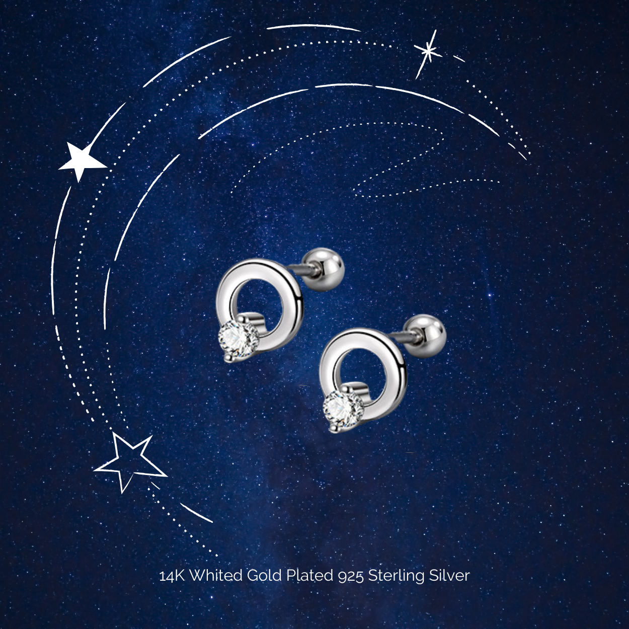 "Starbeam" 14K White Gold Plated Piercing Earring Halo Circle Screw Back Hypoallergenic Cartilage Earrings