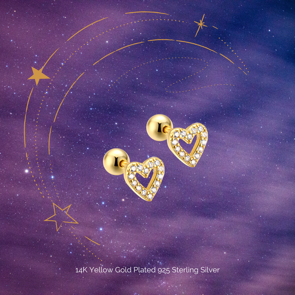 "Dazzling Heart" 14K Yellow Plated Mini Nap Earring with Screw Ball Back