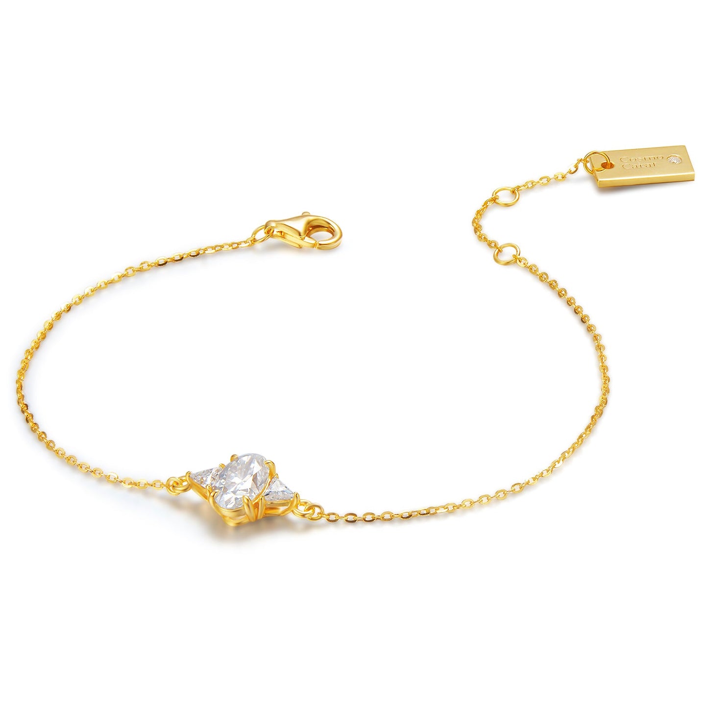 "New Approval" Three Stone Oval Shape Colorless Moissanite Stones Bracelet in 18K Yellow Gold Plated 925 Sterling Silver