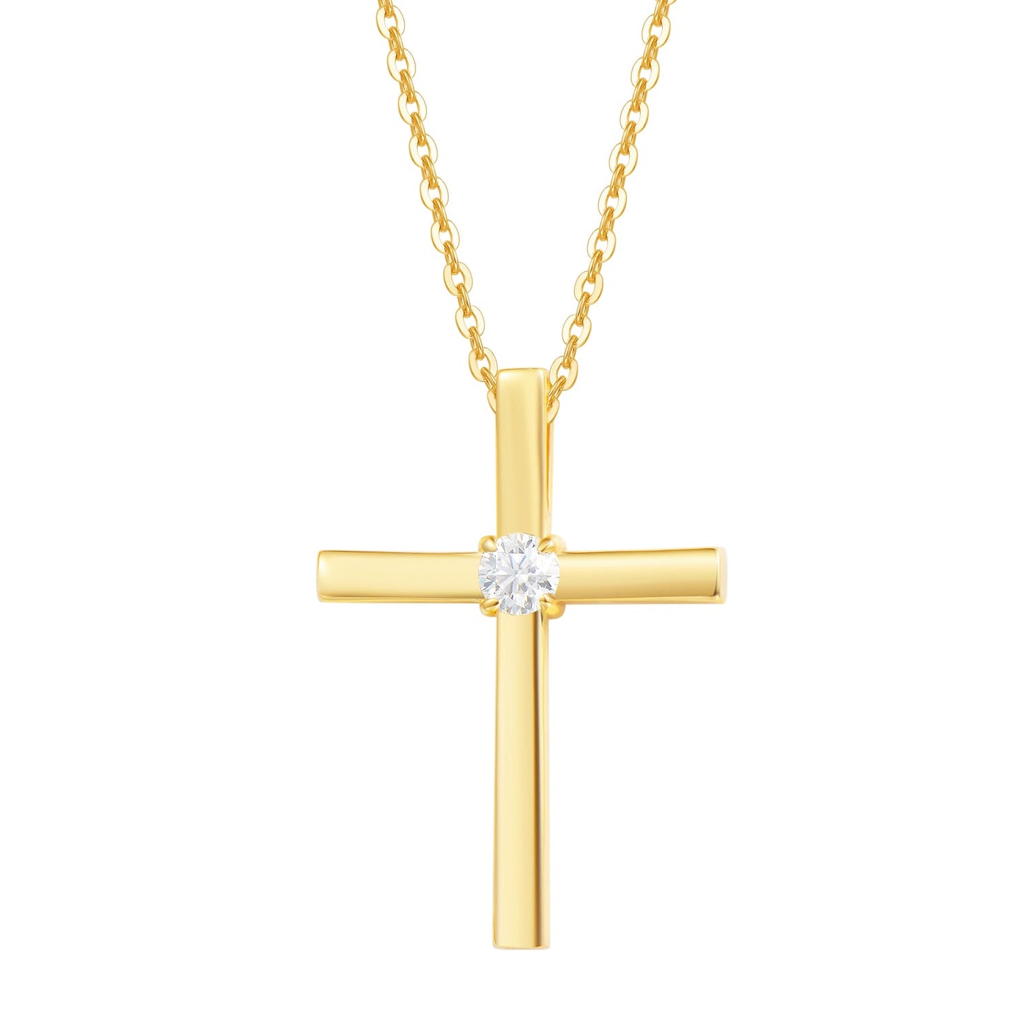"Faith With A Sparkle" Moissanite Stone Polished Cross Pendant Necklace in 18K Yellow Gold Plated Sterling Silver
