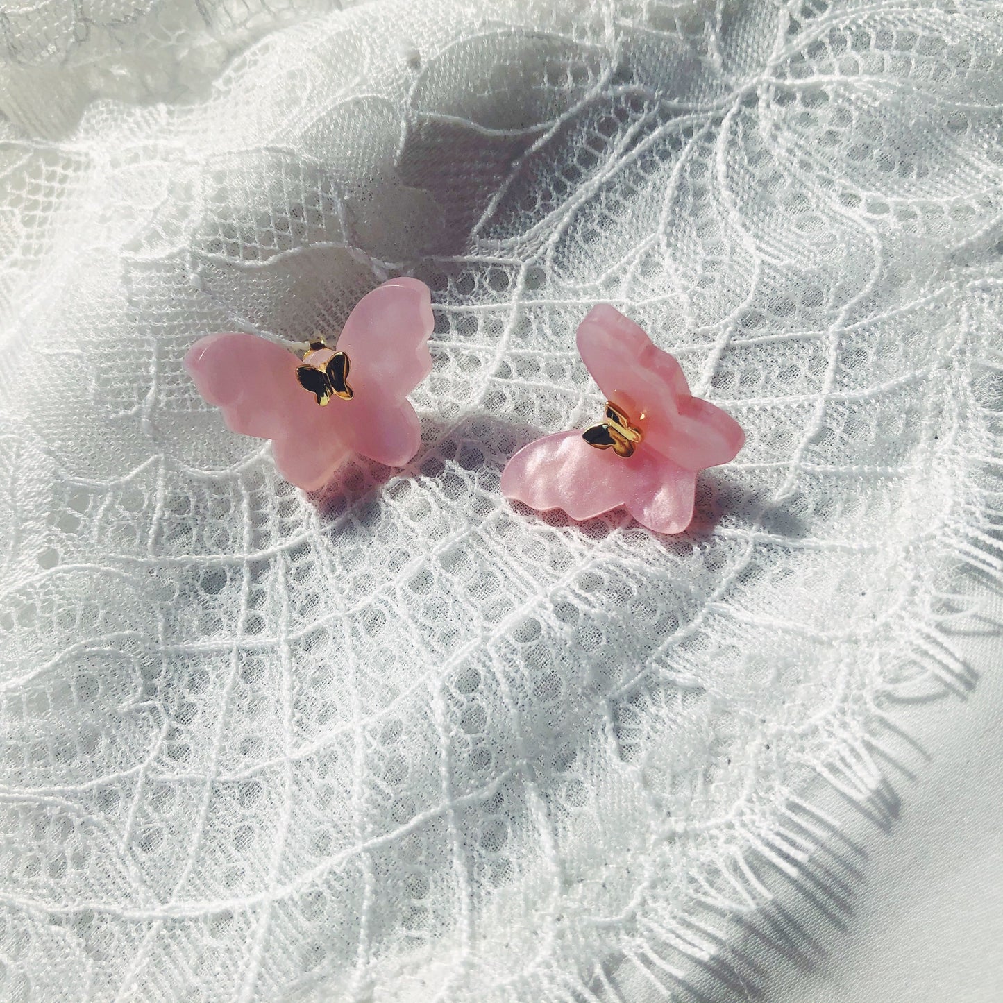 Pink Butterfly Studs 14K Yellow Gold Plated 925 Sterling Silver