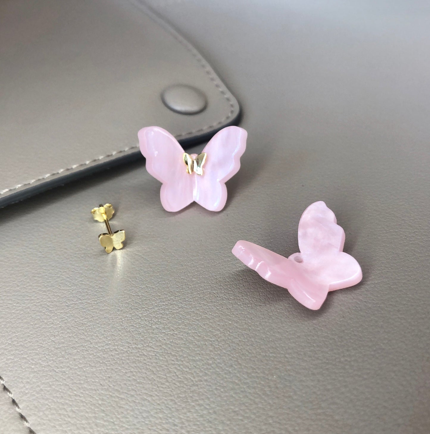 Pink Butterfly Studs 14K Yellow Gold Plated 925 Sterling Silver