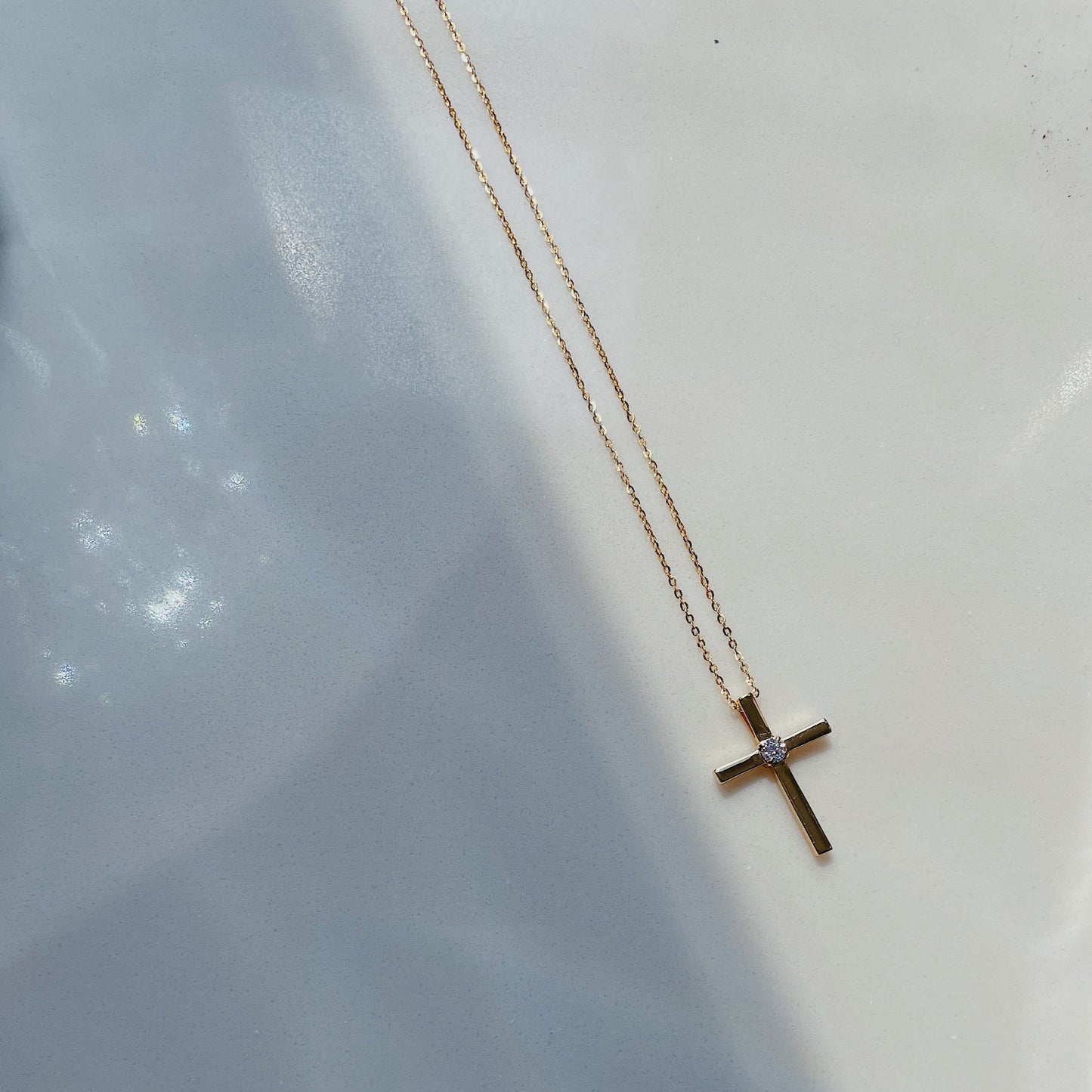 "Faith With A Sparkle" Moissanite Stone Polished Cross Pendant Necklace in 18K Yellow Gold Plated Sterling Silver