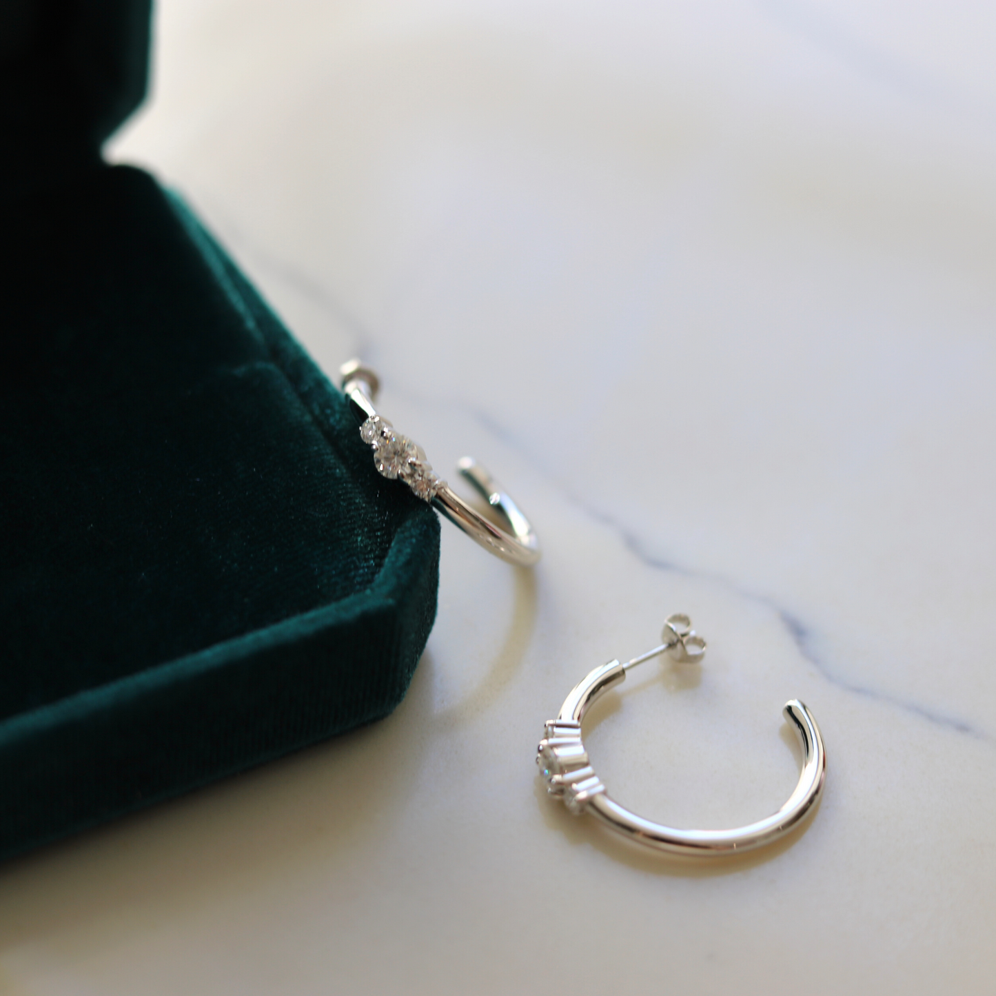 "Wishful Promise" Three Stone White Gold Plated Moisssanite Hoops
