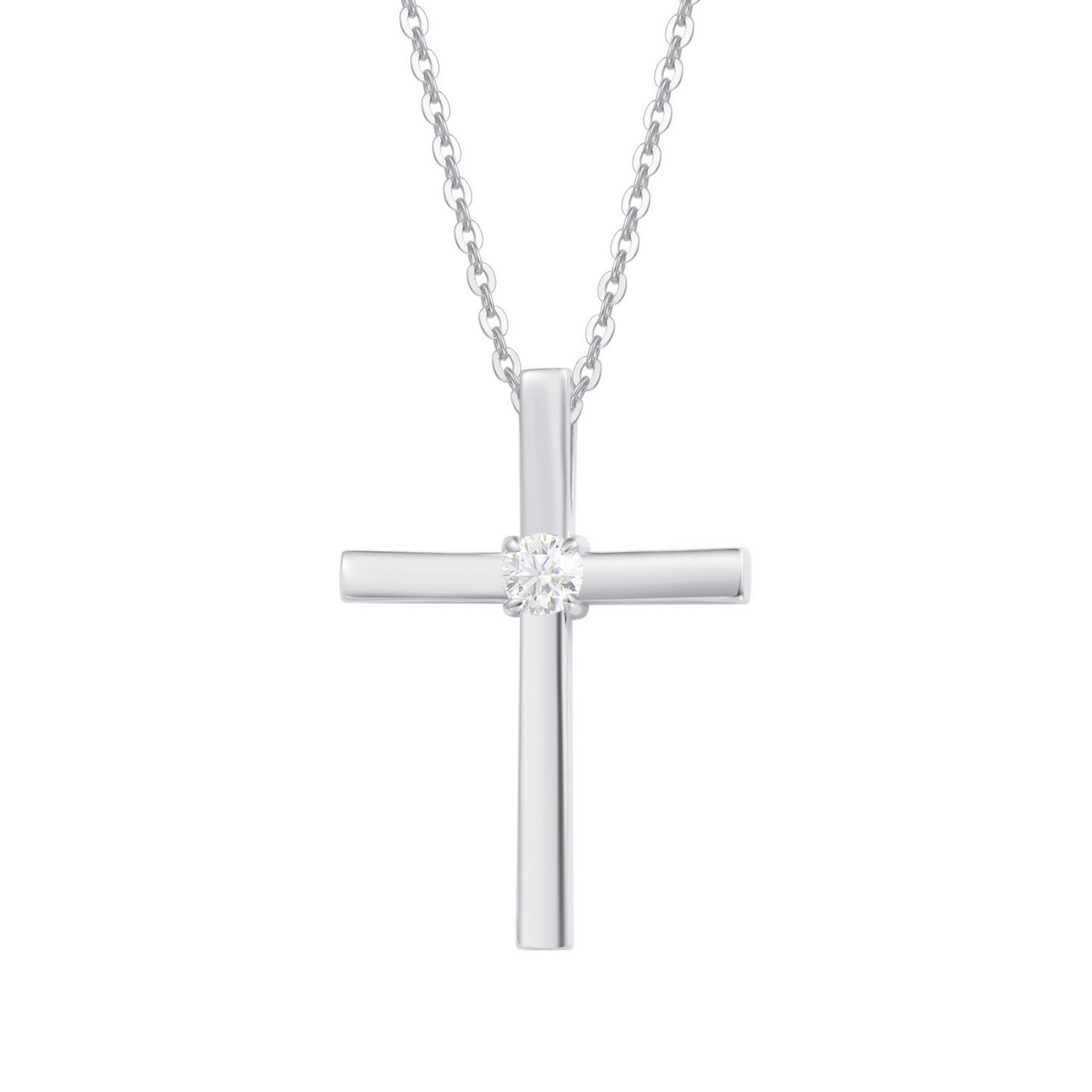 "Faith With A Sparkle" Moissanite Stone Polished Cross Pendant Necklace in 18K White Gold Plated Sterling Silver