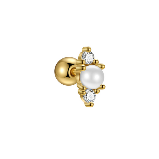 "Parisian Kiss" 14K Yellow Gold Plated Nap Earring White Pearl and CZ Stones Screw Back Cartilage Piercing Earring