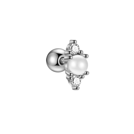 "Parisian Kiss" 14K White Gold Plated Nap Earring White Pearl and CZ Stones Screw Back Piercing Earrings