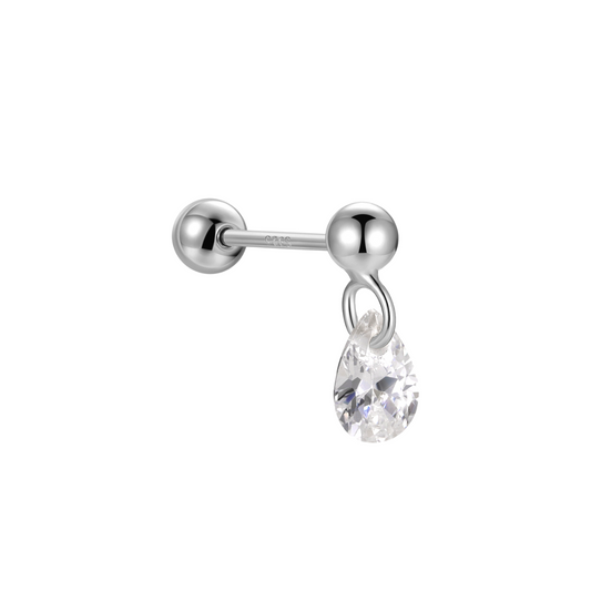 "Starlight Dew" Pear Shape Stone Silver Dangling Drop Piercing Earring With Ball Back